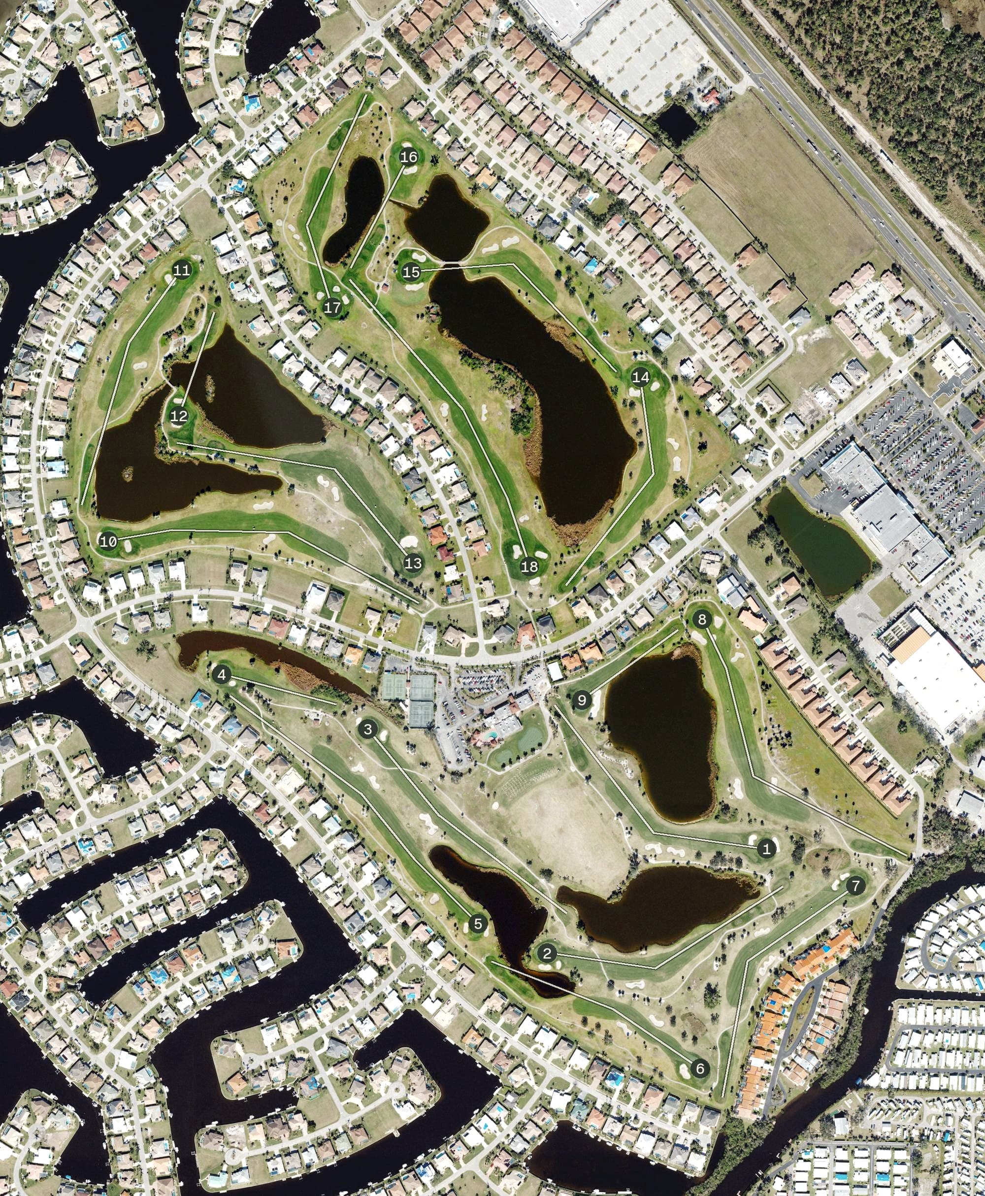 Aerial view of Twin Isles Country Club, FL, with its hole routing marked
