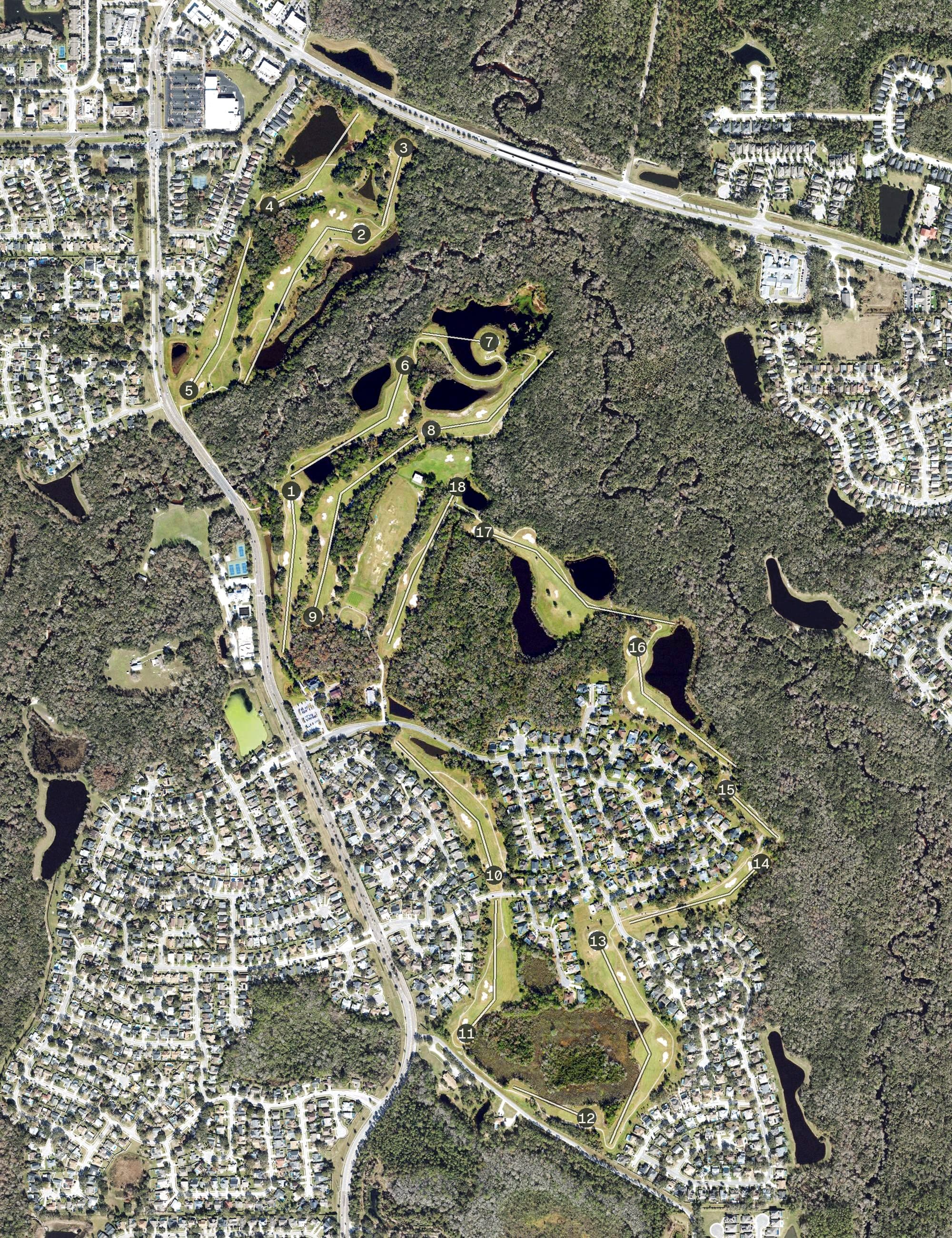 Aerial view of Twin Rivers Golf Club, FL, with its hole routing marked