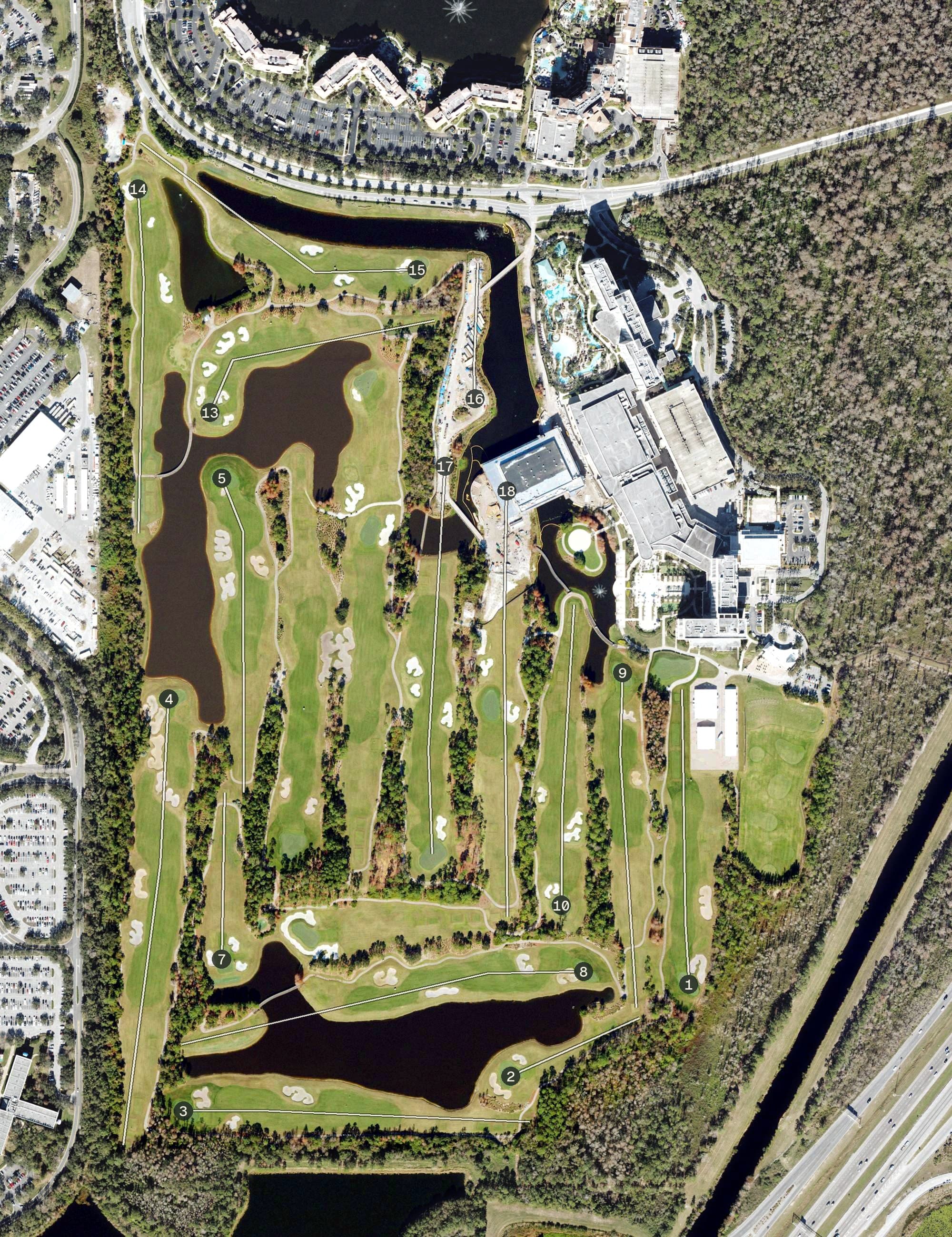 Aerial view of Waldorf Astoria Golf Course, FL, with its hole routing marked