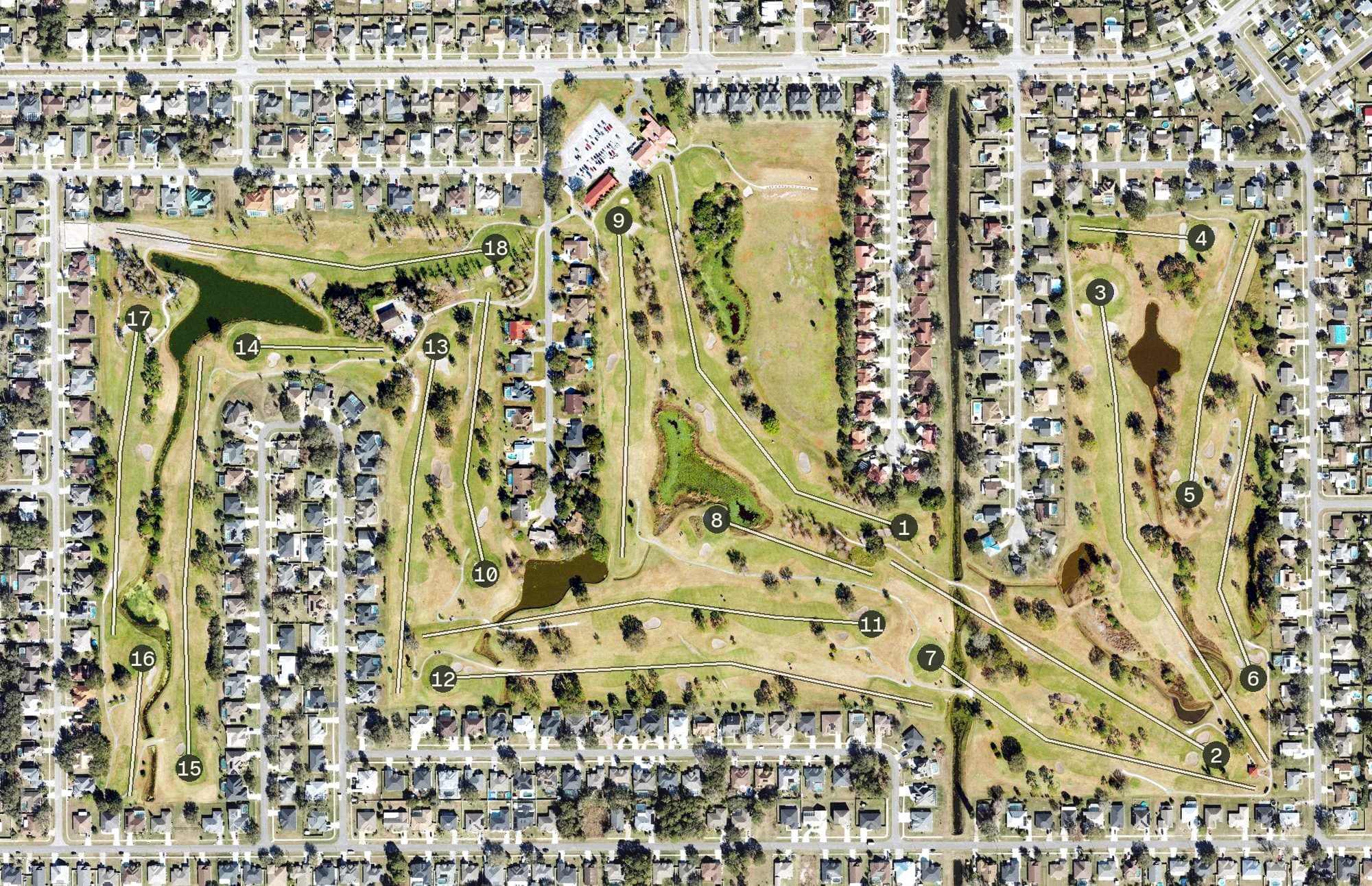 Aerial view of Wedgefield Golf Club, FL, with its hole routing marked