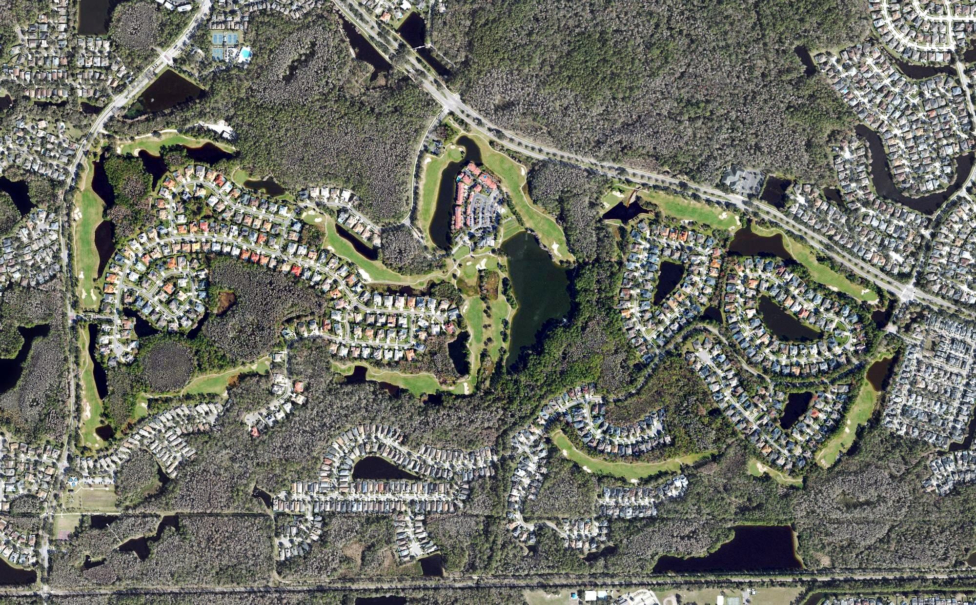 Aerial view of Westchase Golf Club, FL, with its hole routing marked