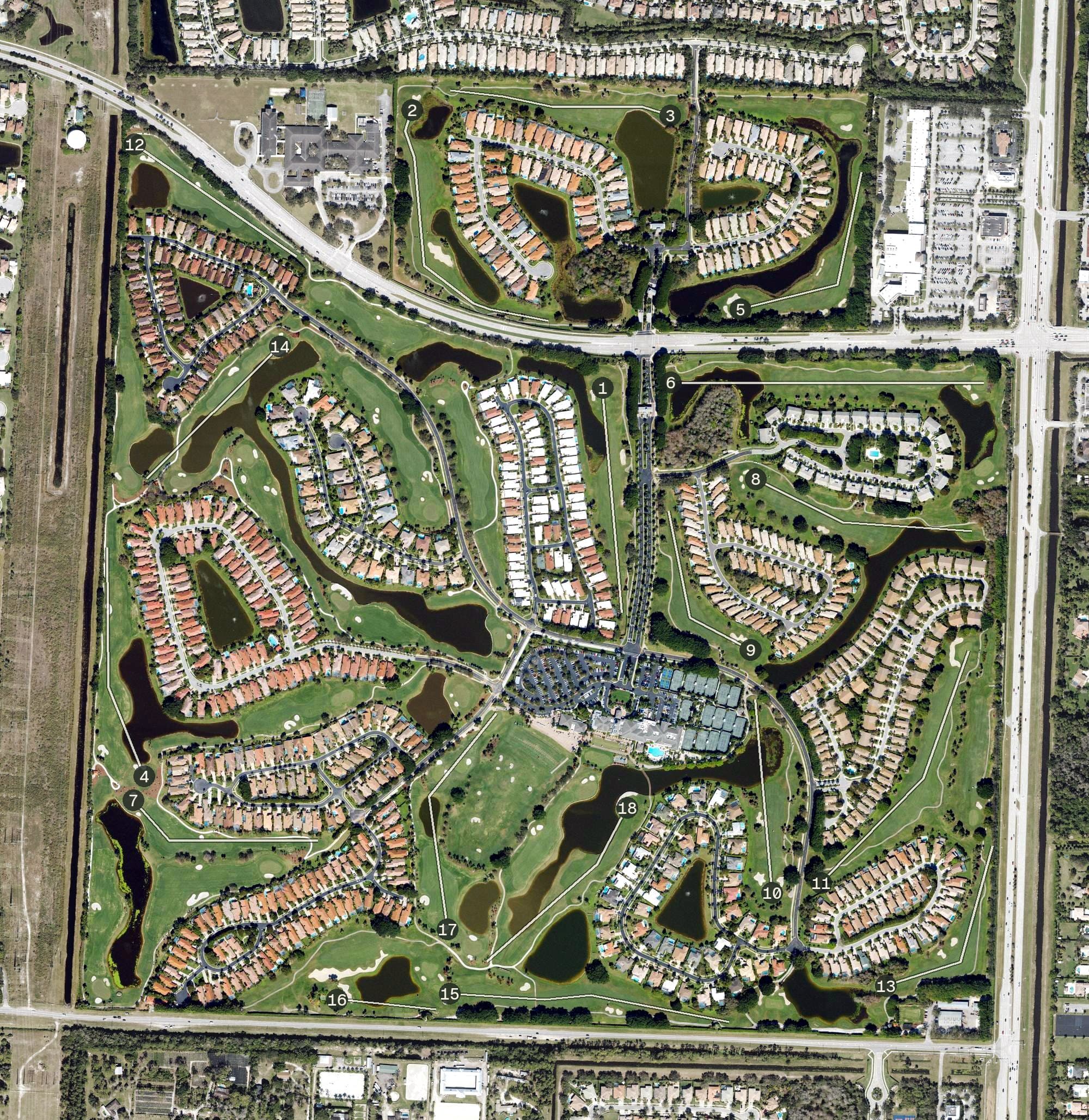 Aerial view of Wycliffe Golf & Country Club, FL, with its hole routing marked