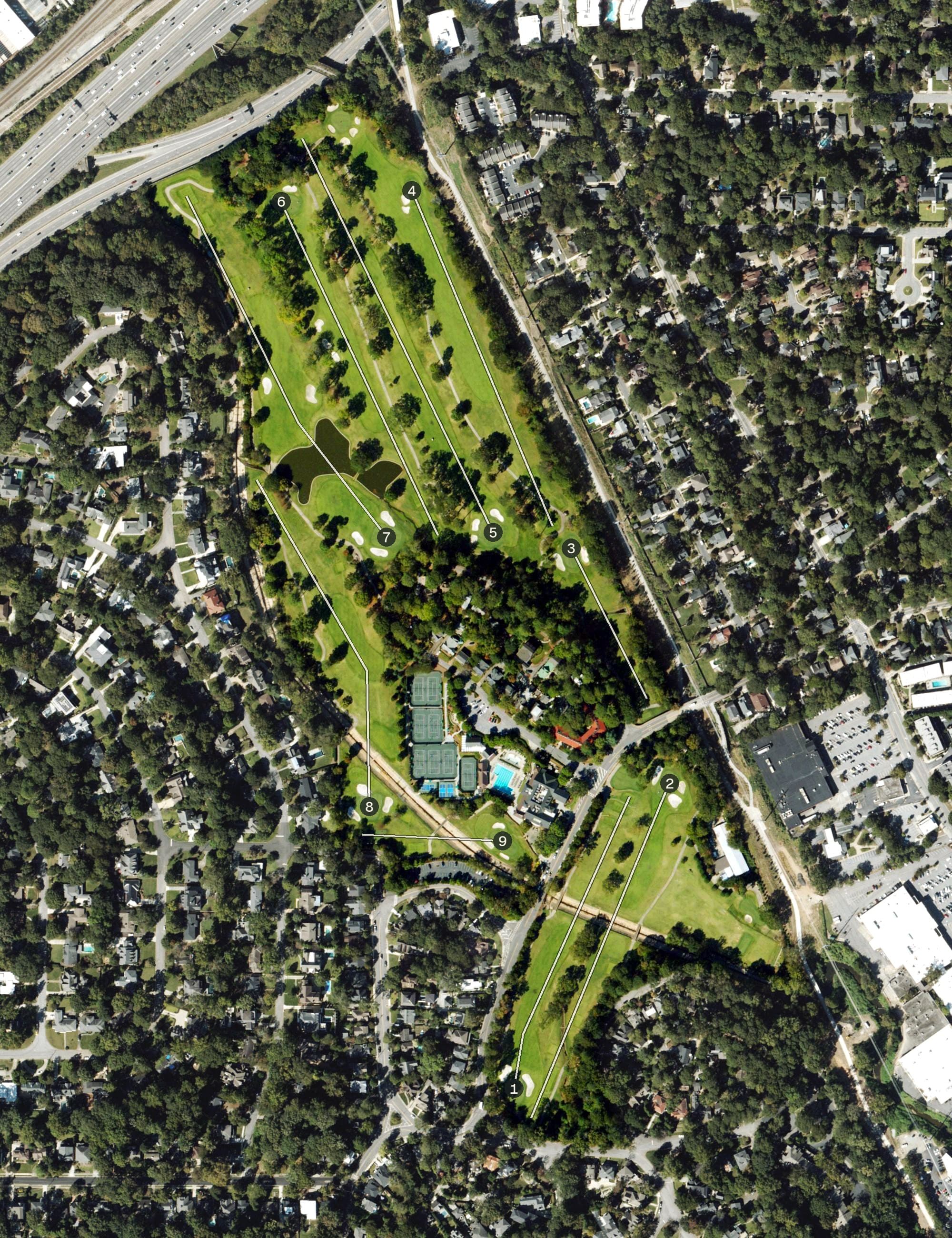 Aerial view of Ansley Golf Club, GA, with its hole routing marked