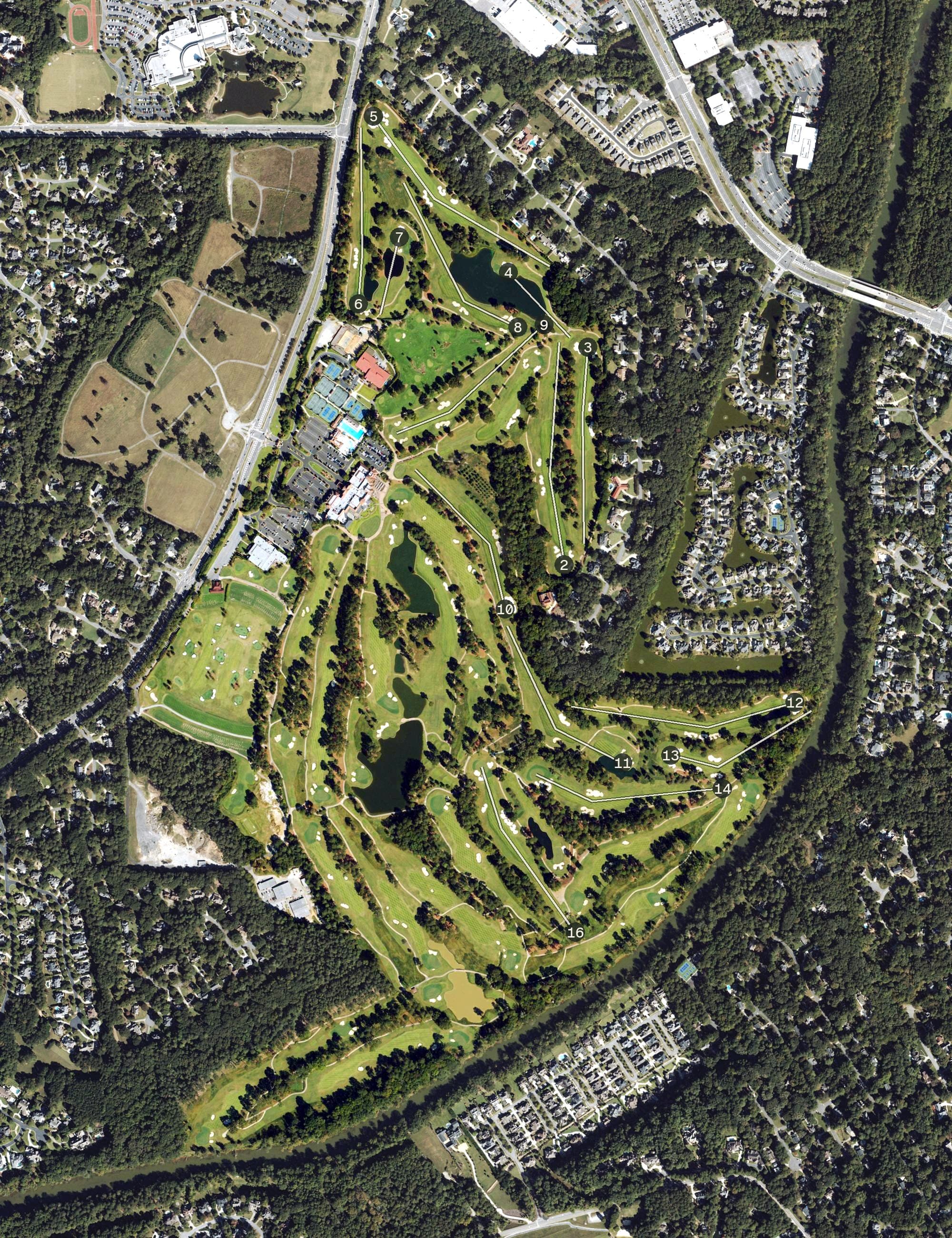 Aerial view of Atlanta Athletic Club, GA, with its hole routing marked