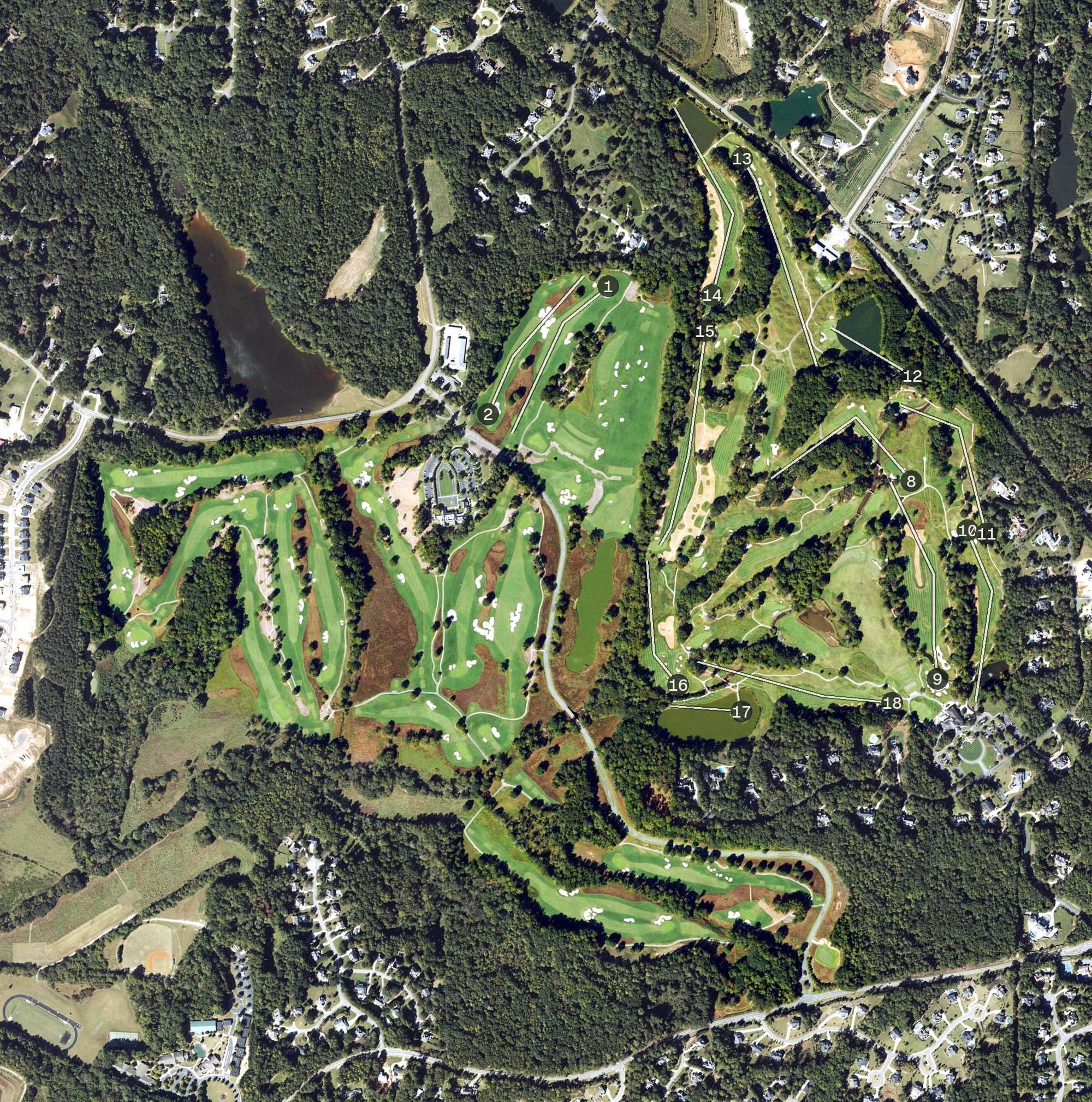 Aerial view of Atlanta National Golf Club, GA, with its hole routing marked