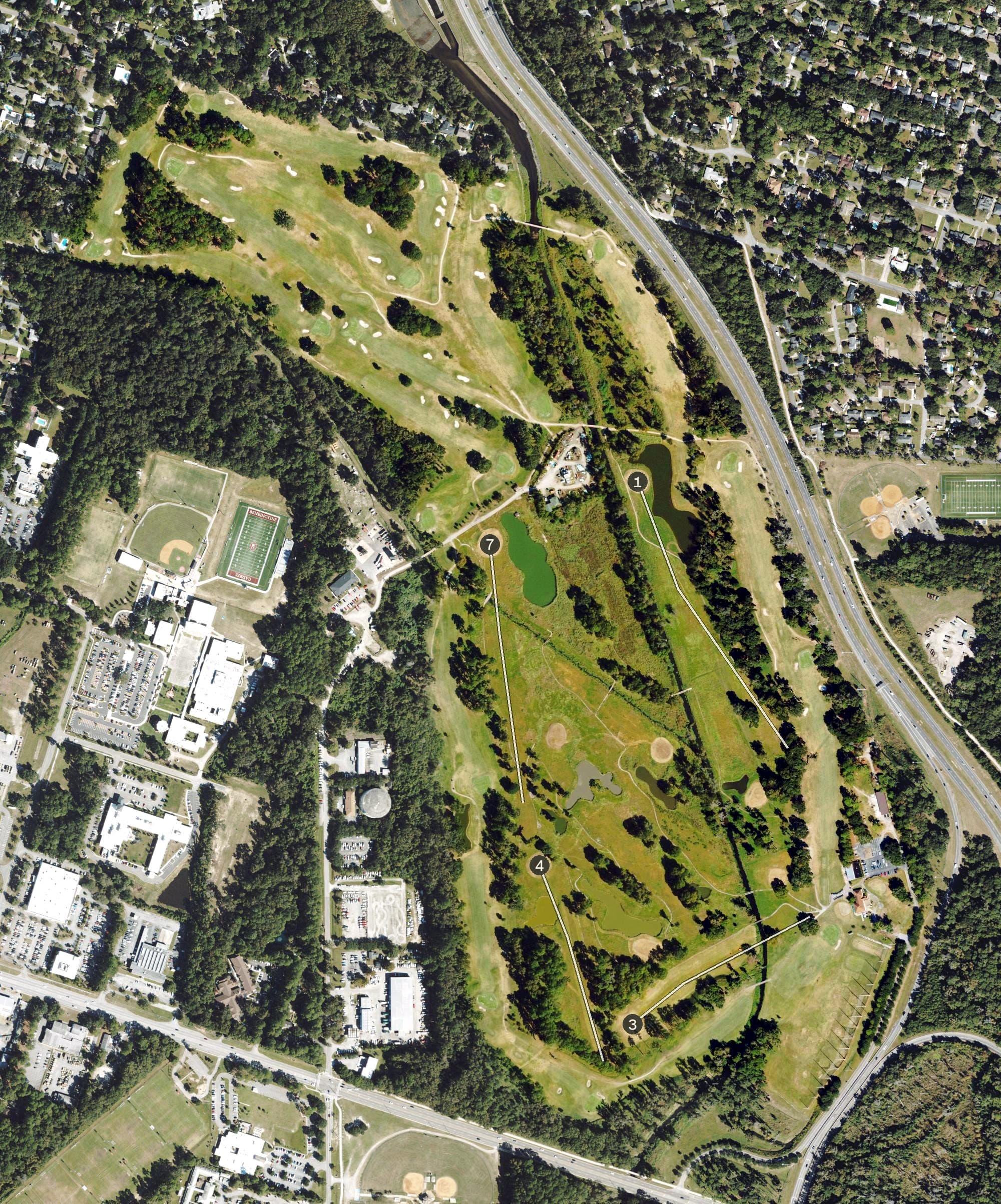 Aerial view of Bacon Park Golf Course, GA, with its hole routing marked