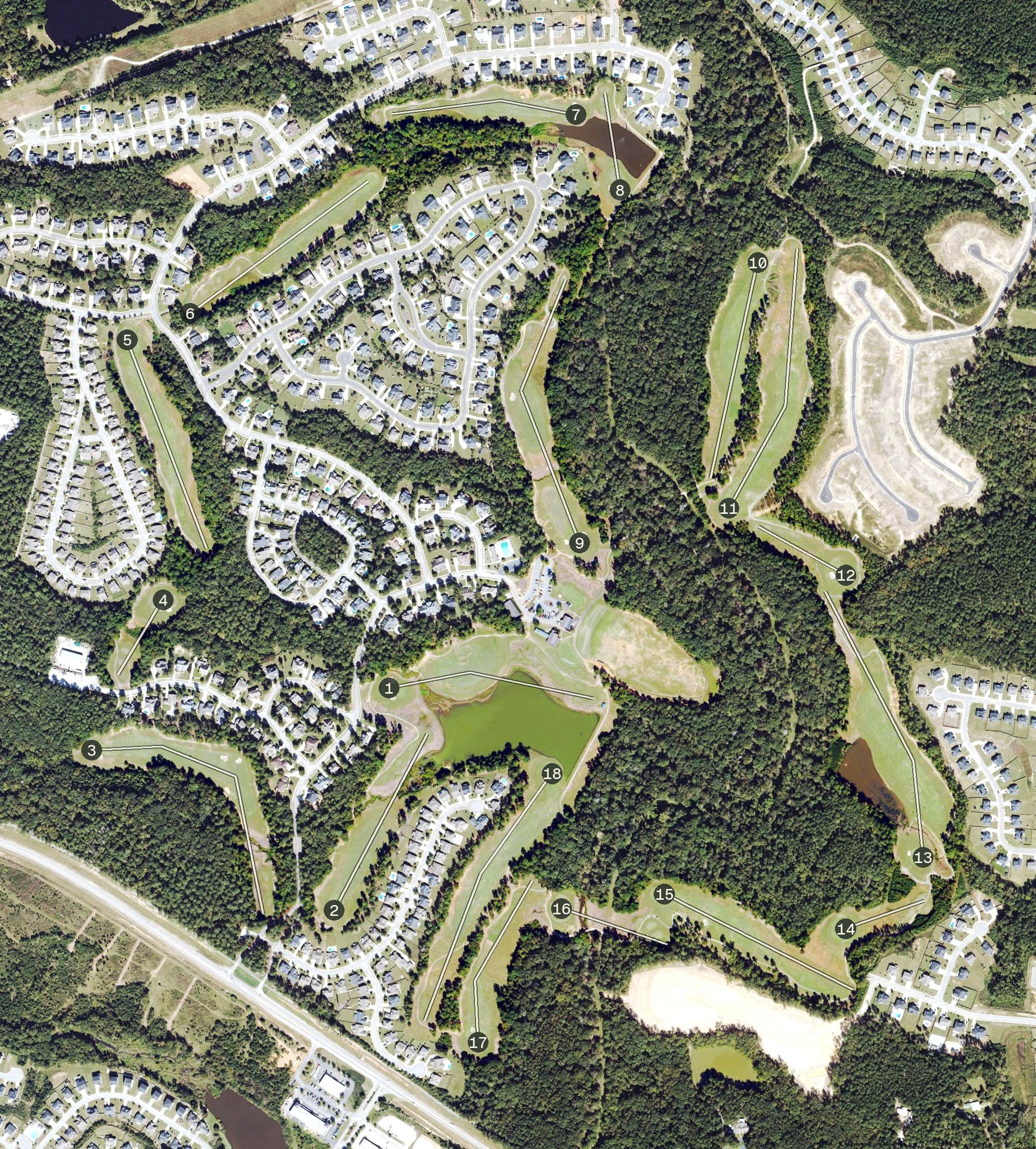 Aerial view of Bartram Trail Golf Club, GA, with its hole routing marked