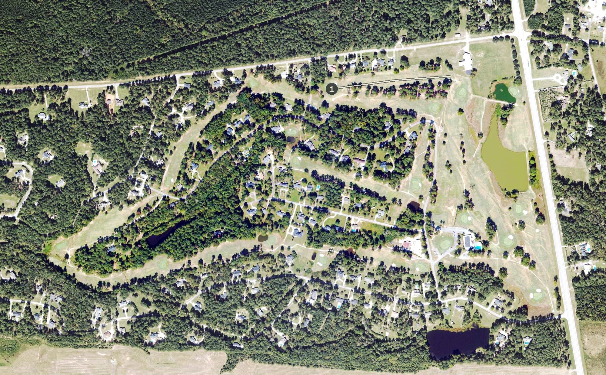 Aerial view of Belle Meade Country Club, GA, with its hole routing marked