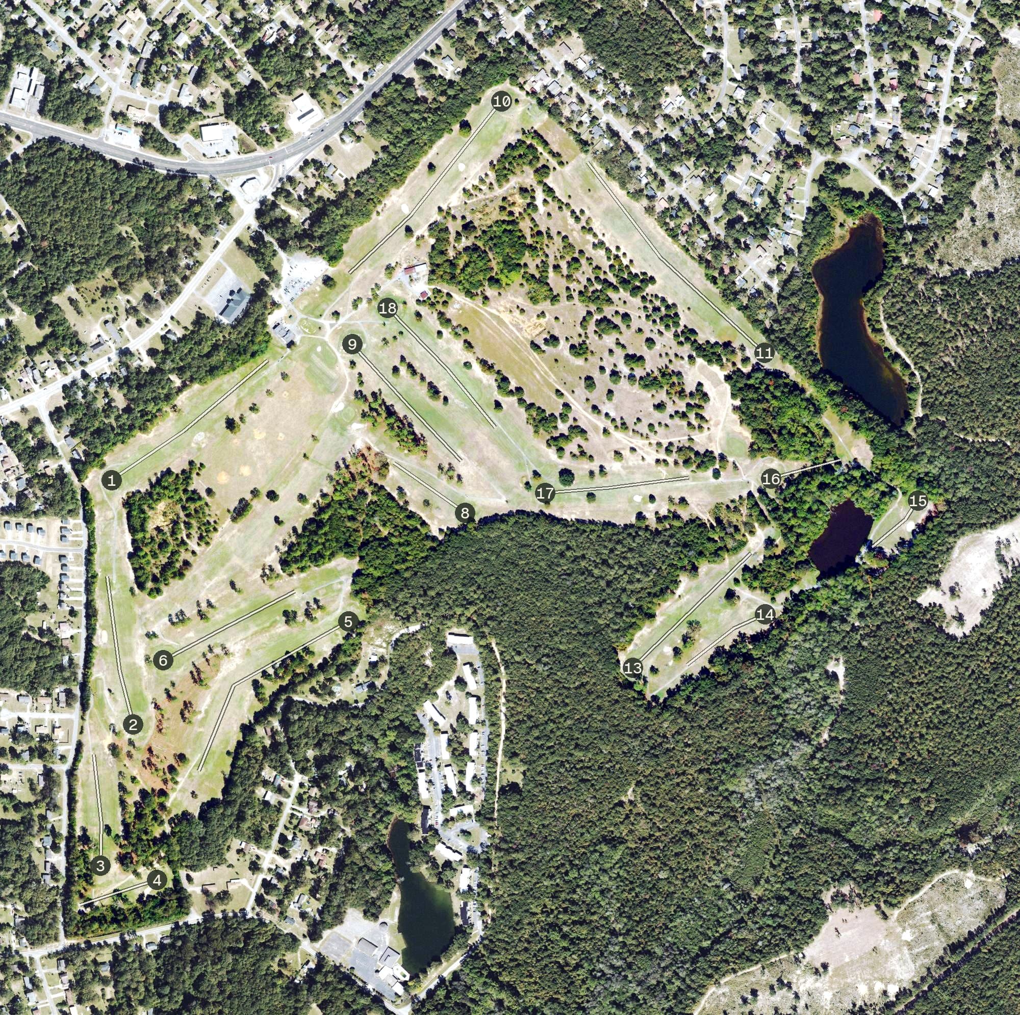 Aerial view of Bowden Golf Course, GA, with its hole routing marked