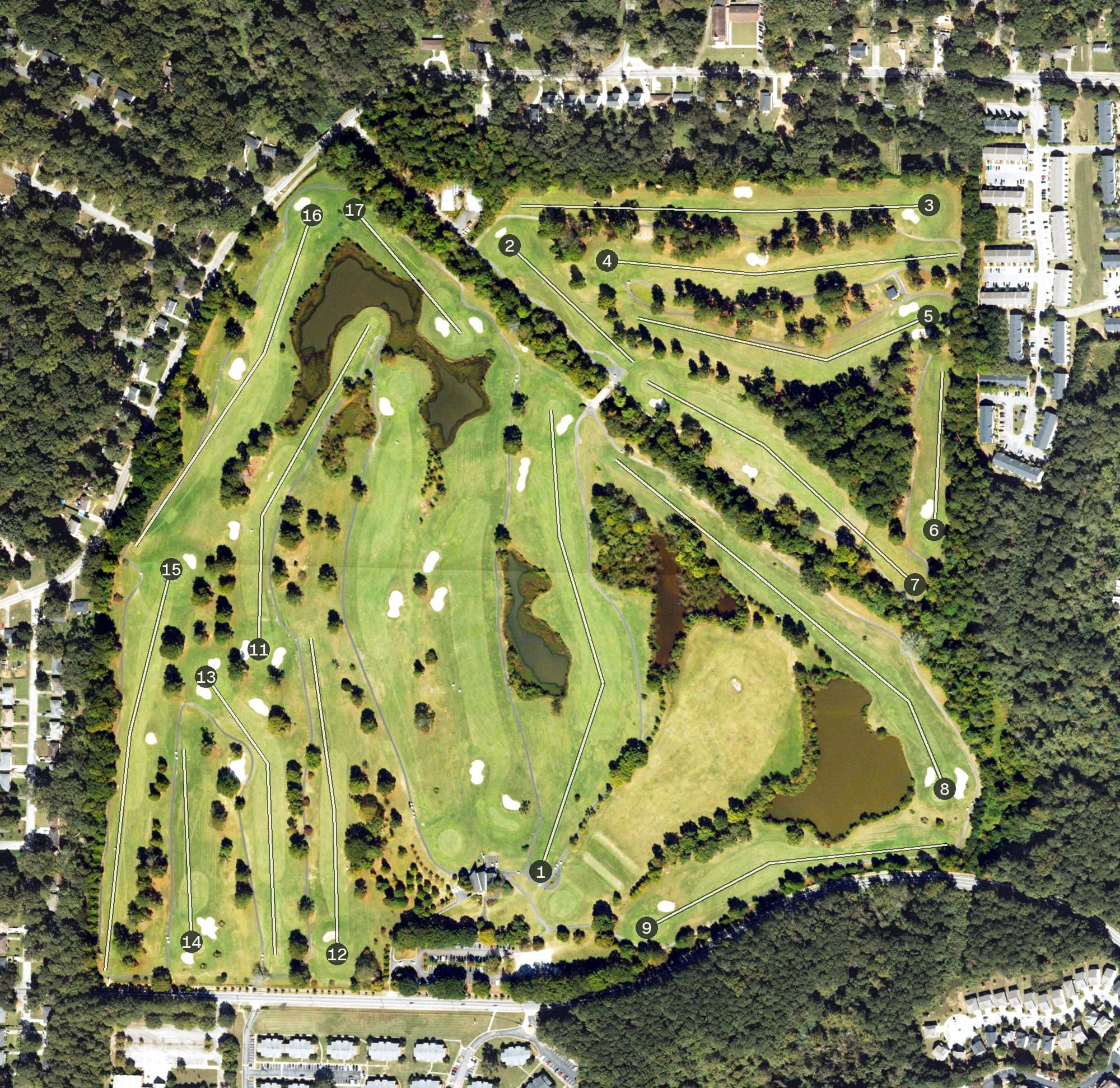 Aerial view of Browns Mill Golf Course, GA, with its hole routing marked