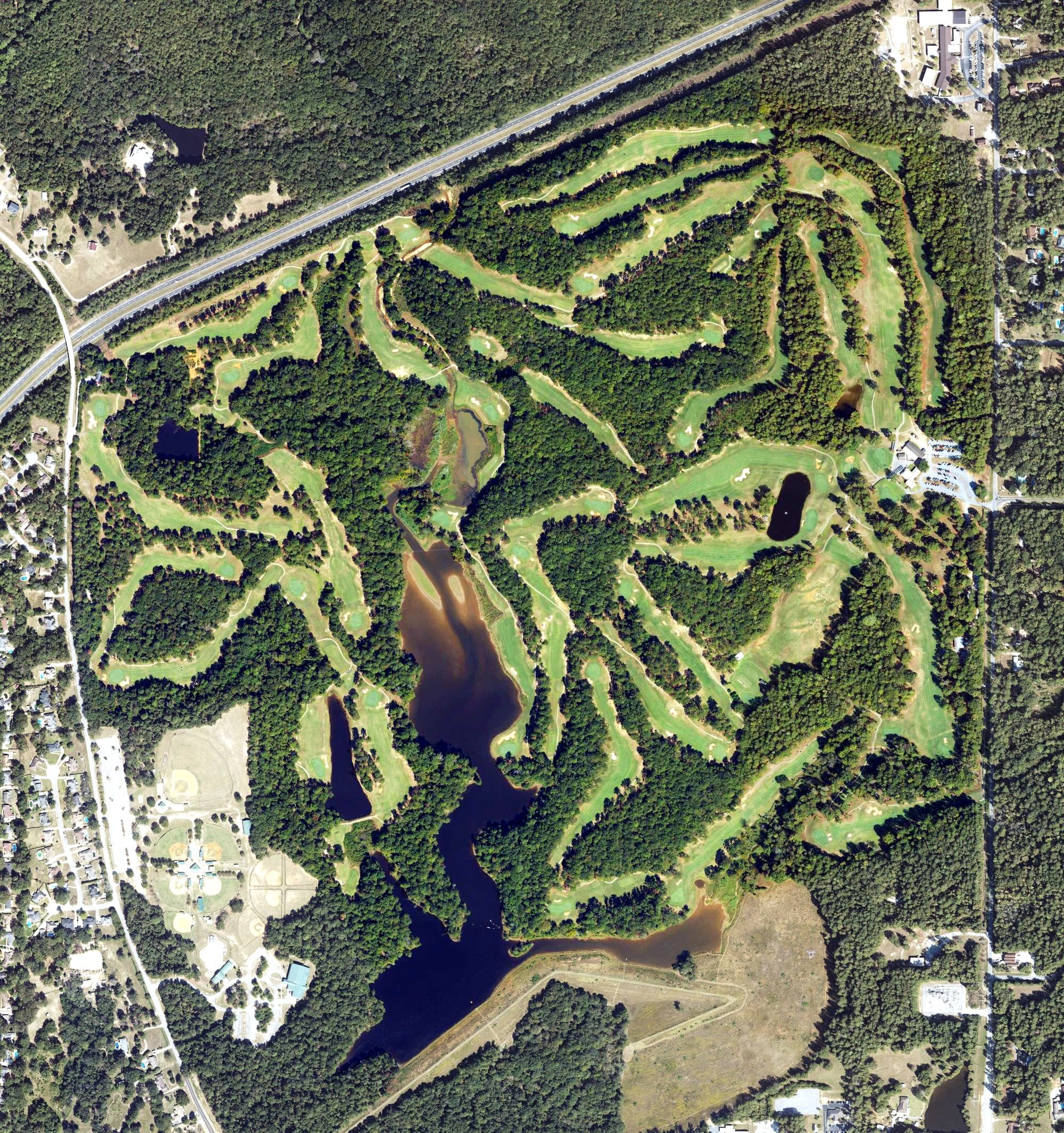 Aerial view of Bull Creek Golf Course, GA, with its hole routing marked