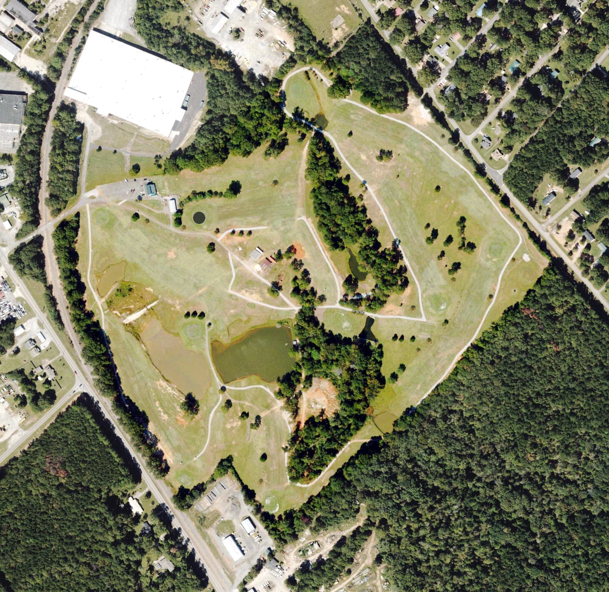 Aerial view of C. Uncle Remus Golf Course, GA, with its hole routing marked