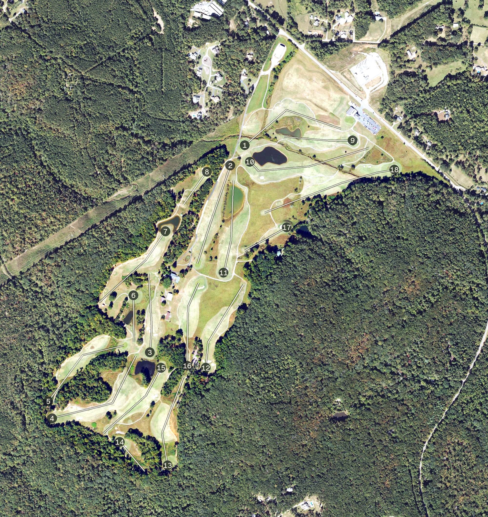 Aerial view of Callahan Golf Links, GA, with its hole routing marked