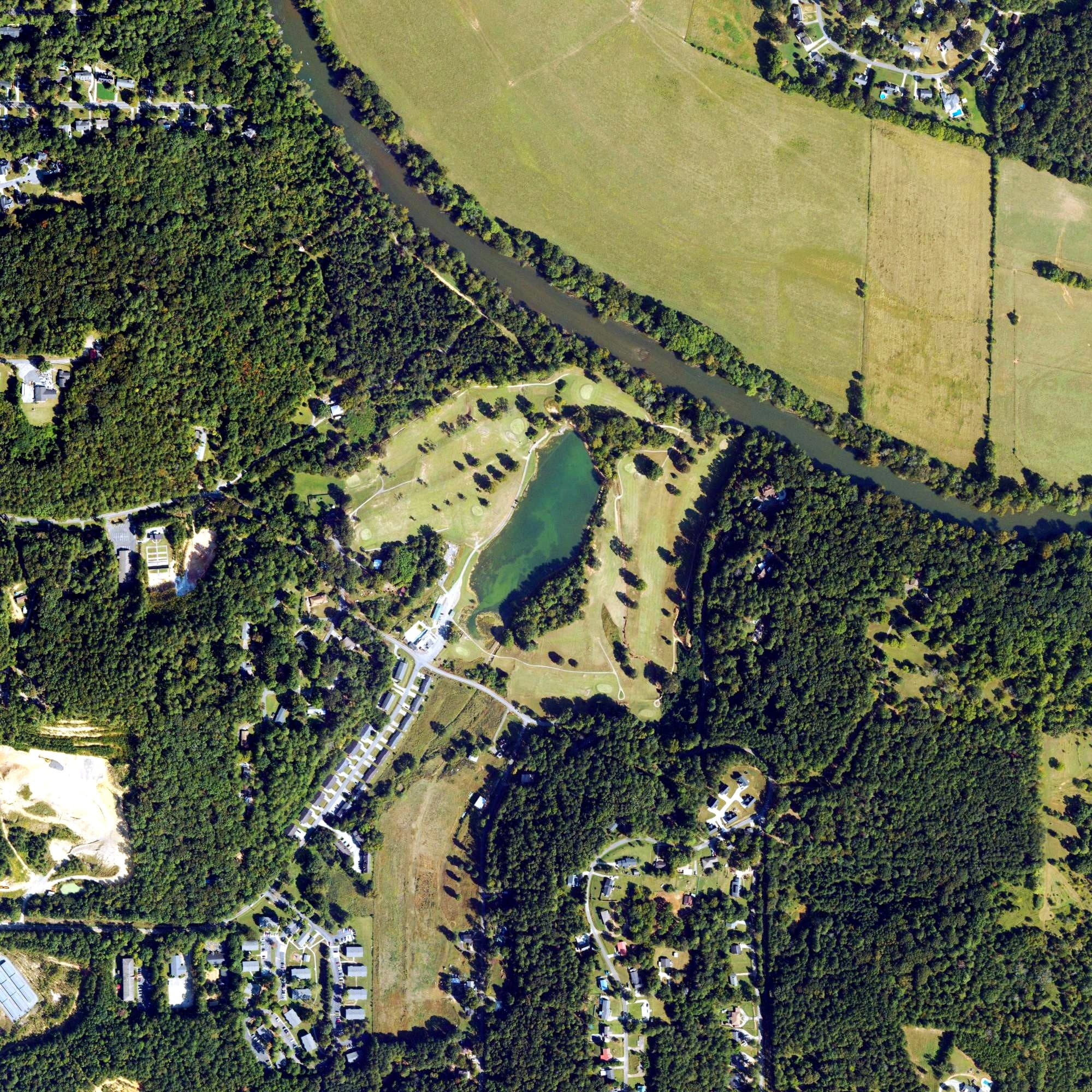 Aerial view of Callier Springs Golf Course, GA, with its hole routing marked