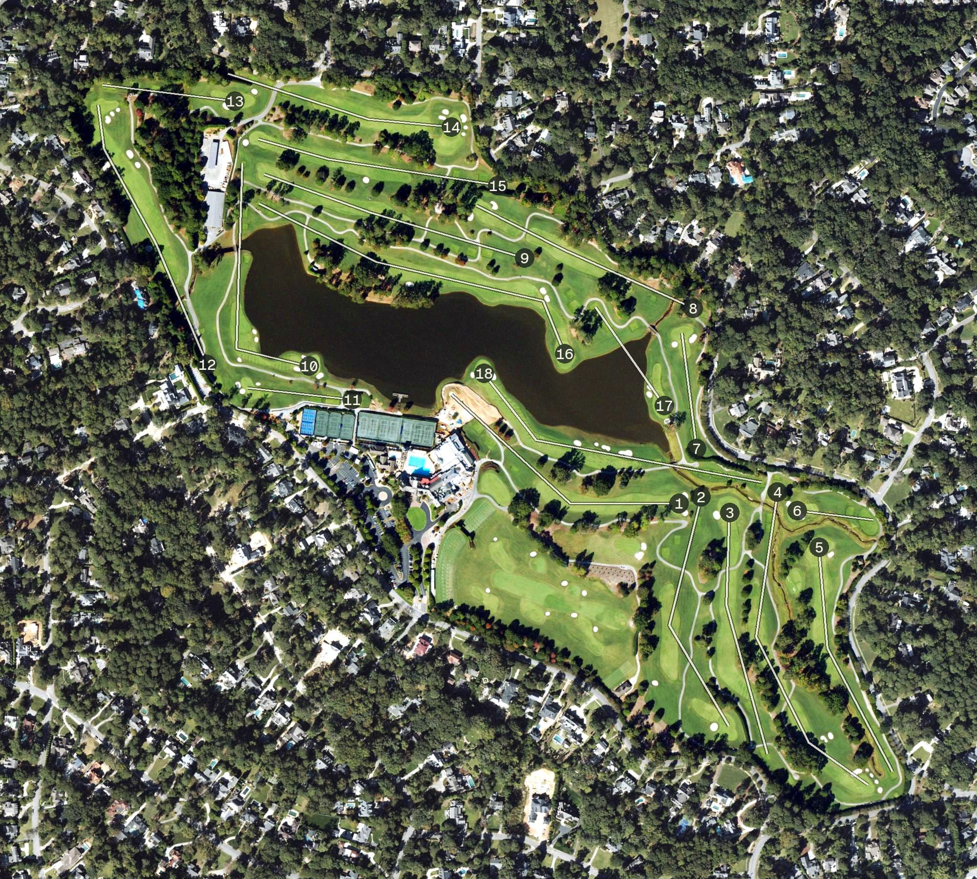 Aerial view of Capital City Club - Brookhaven Country Club, GA, with its hole routing marked