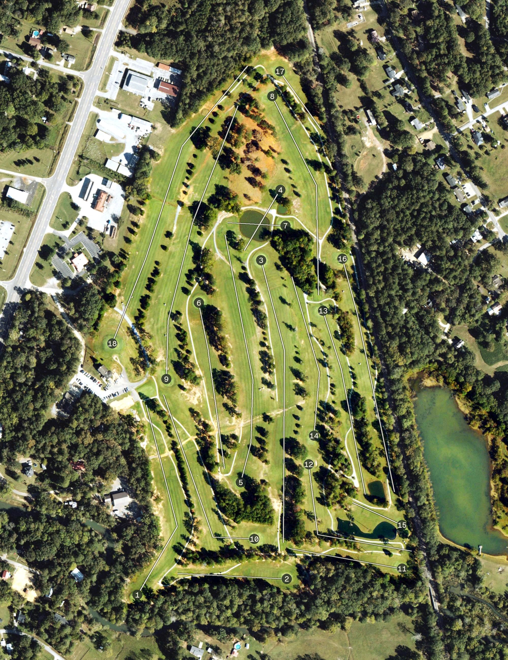Aerial view of Cedar Valley Golf & Country Club, GA, with its hole routing marked