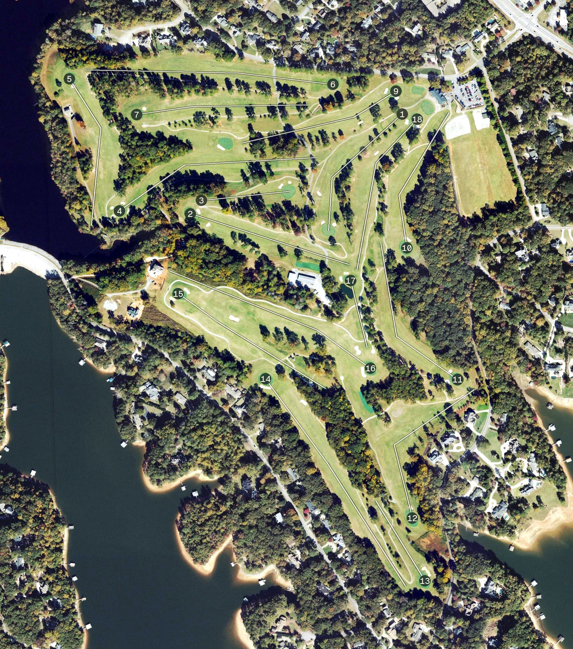 Aerial view of Chattahoochee Golf Course, GA, with its hole routing marked