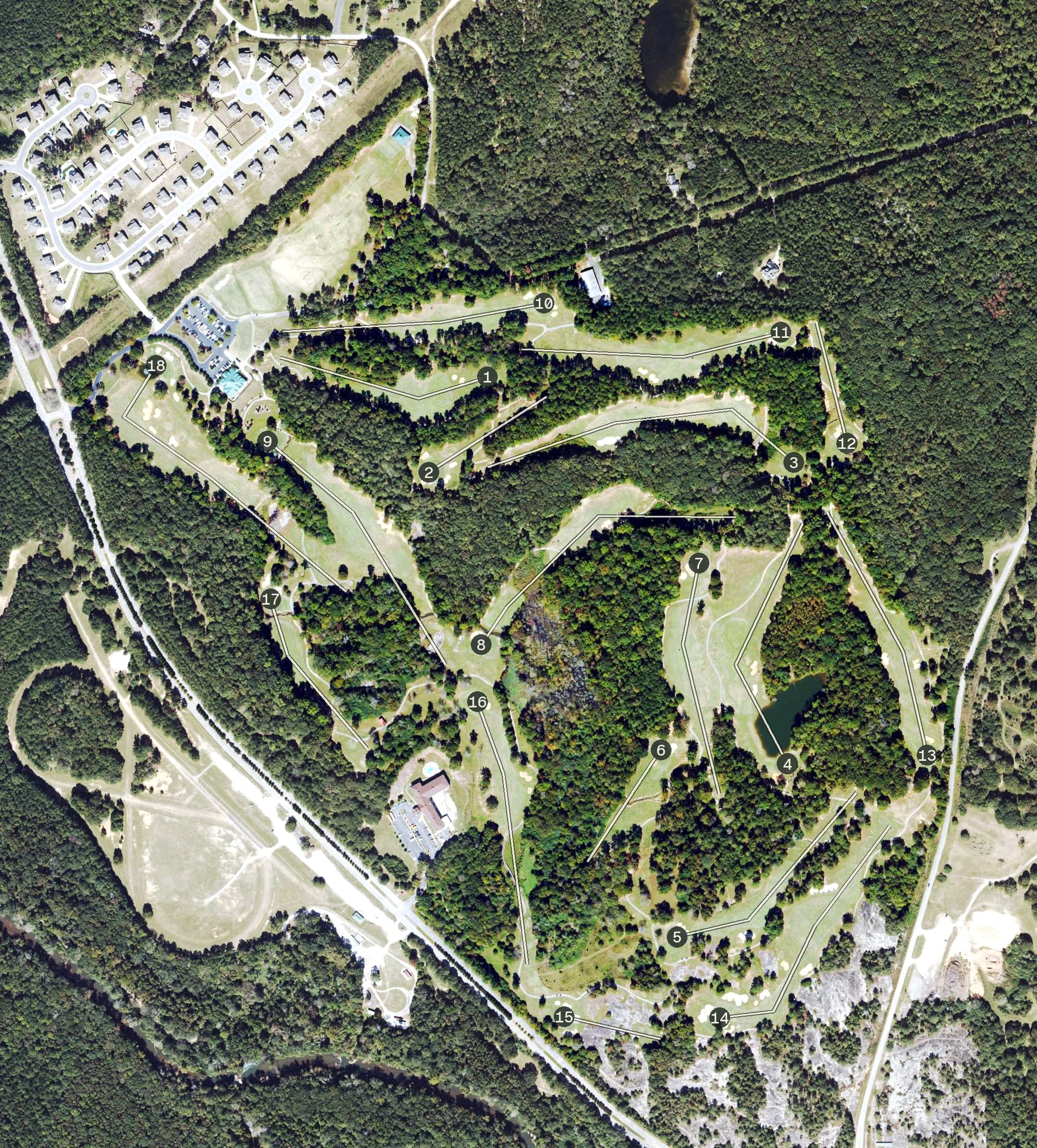 Aerial view of Cherokee Run Golf Club, GA, with its hole routing marked