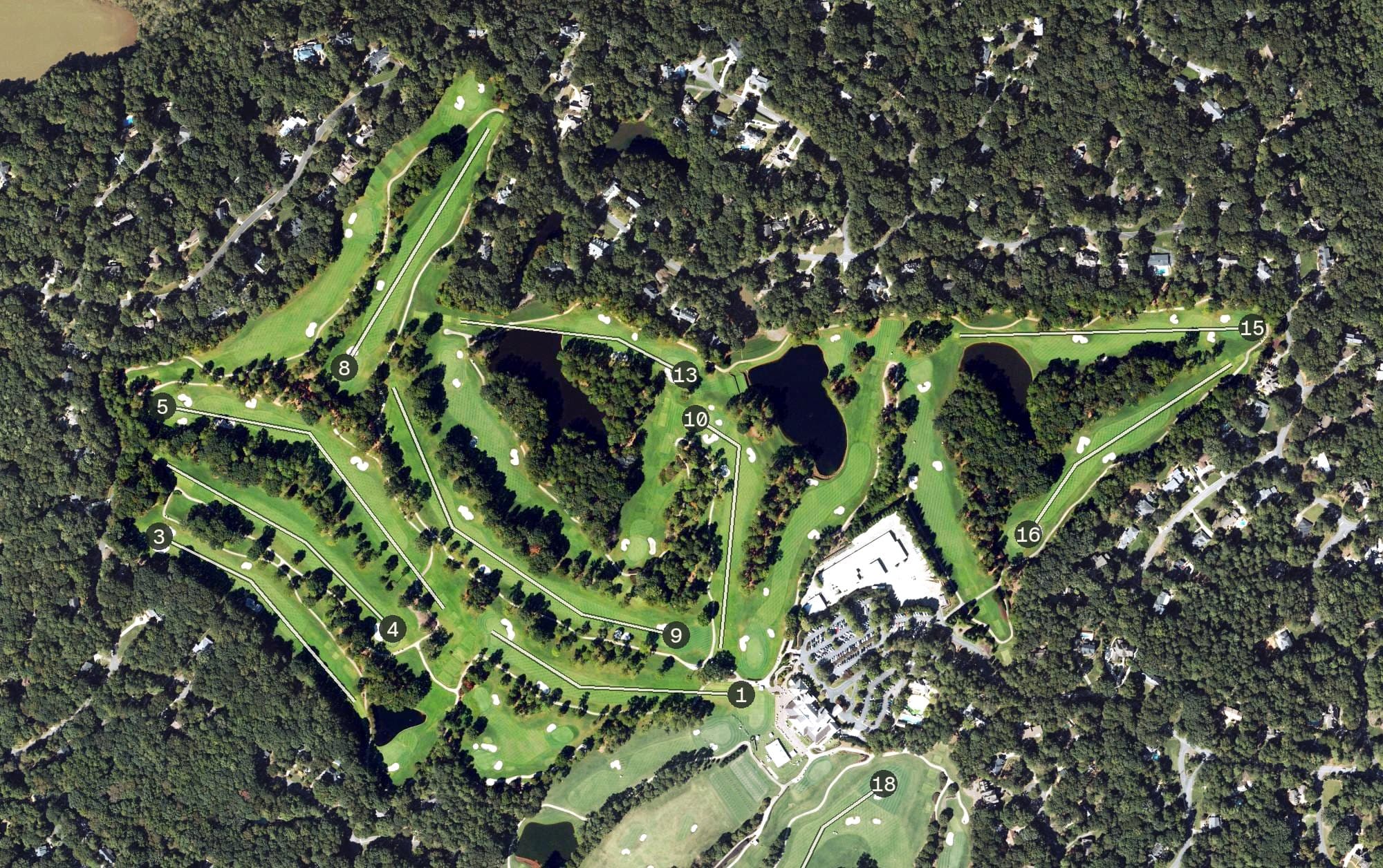 Aerial view of Cherokee Town and Country Club (North), GA, with its hole routing marked