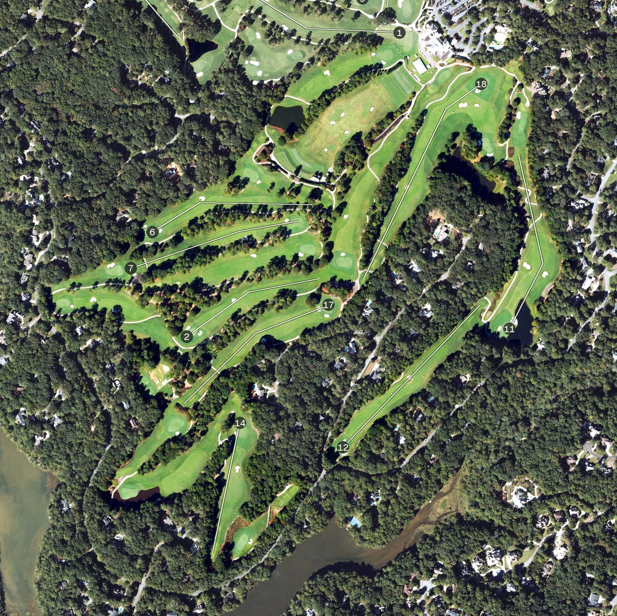 Aerial view of Cherokee Town and Country Club (South), GA, with its hole routing marked
