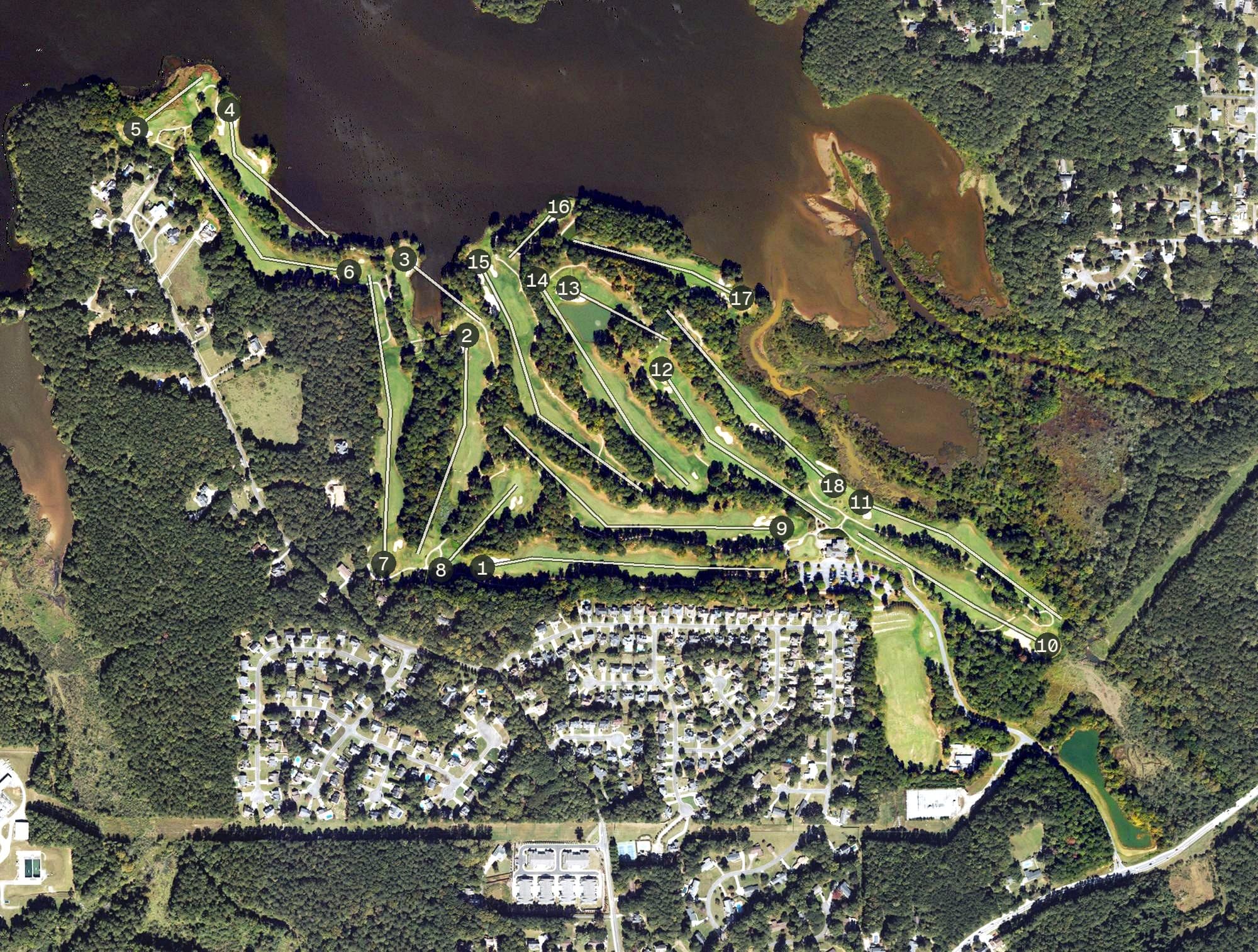 Aerial view of Cobblestone Golf Course, GA, with its hole routing marked