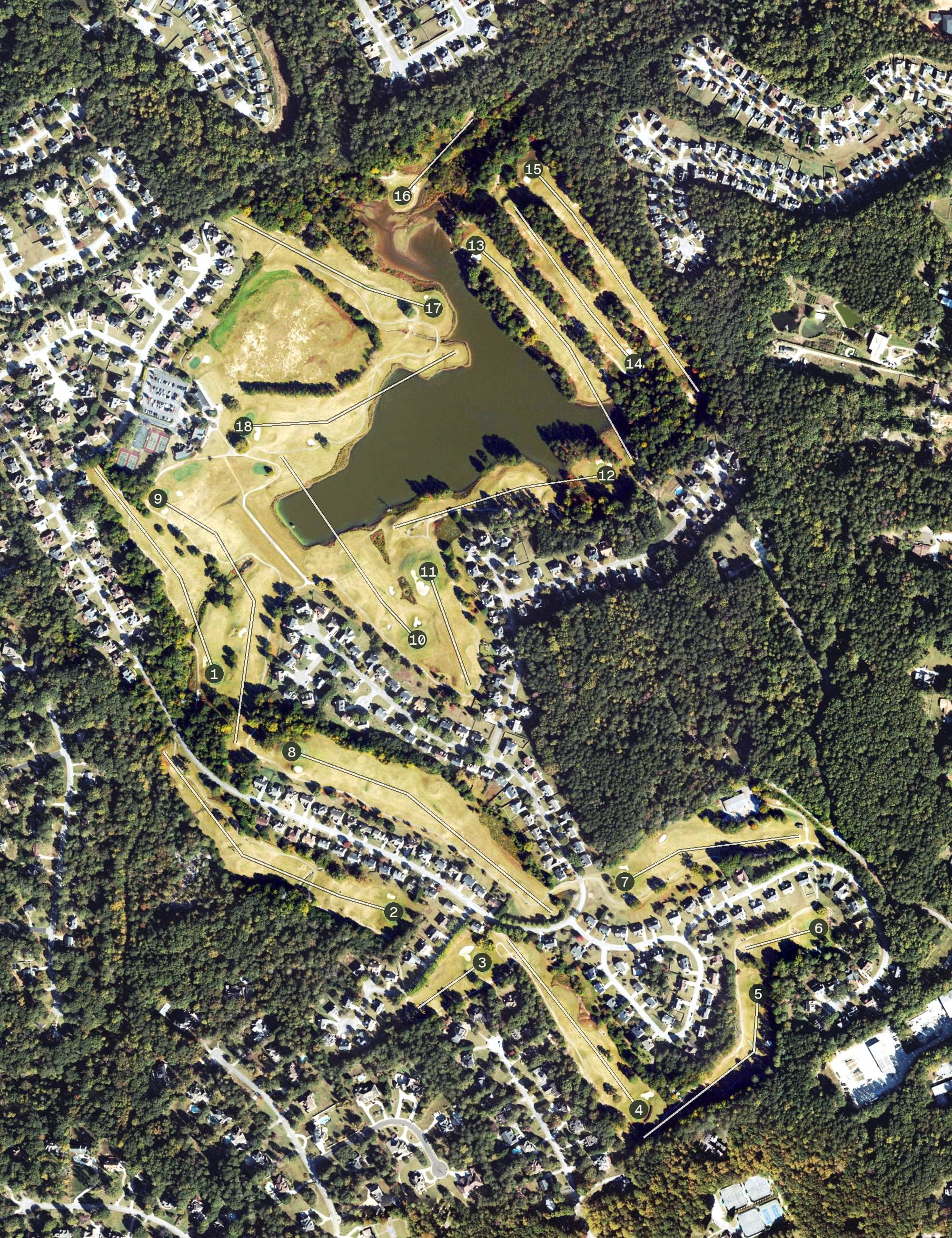 Aerial view of Country Club of Gwinnett, GA, with its hole routing marked