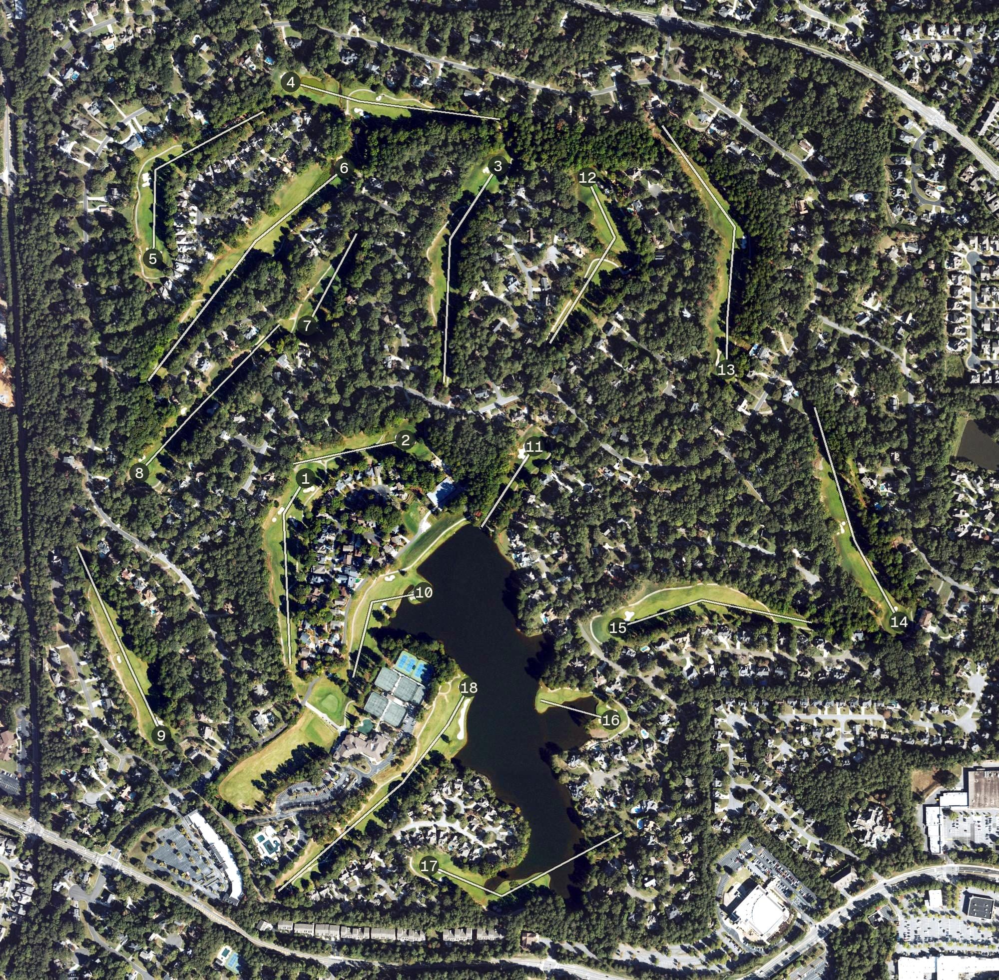 Aerial view of Country Club of Roswell, GA, with its hole routing marked