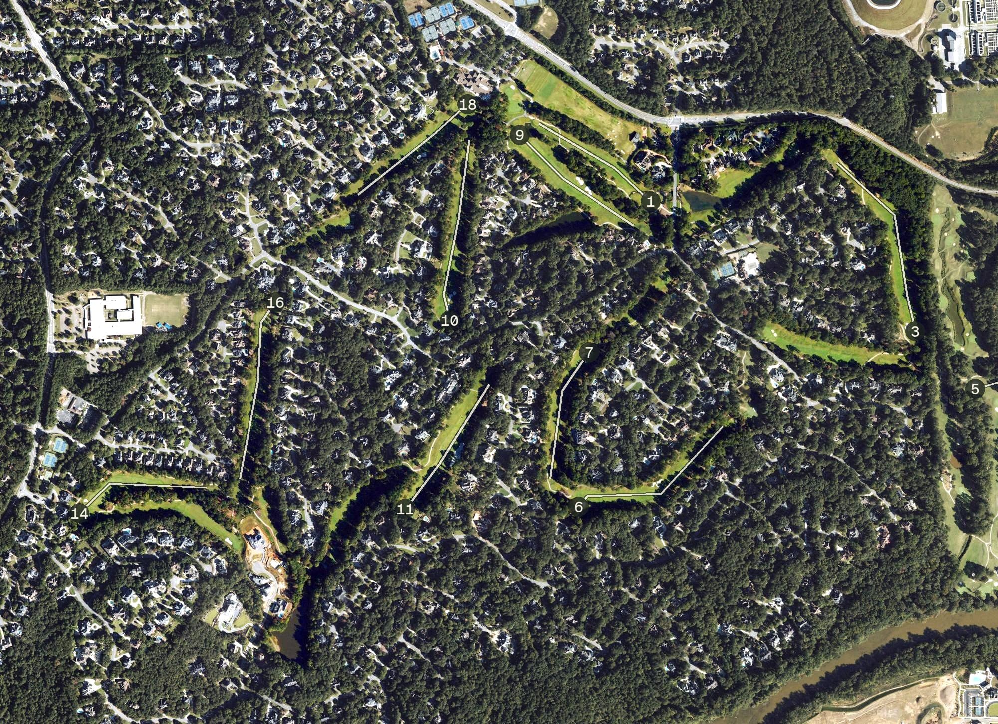 Aerial view of Country Club of The South, GA, with its hole routing marked