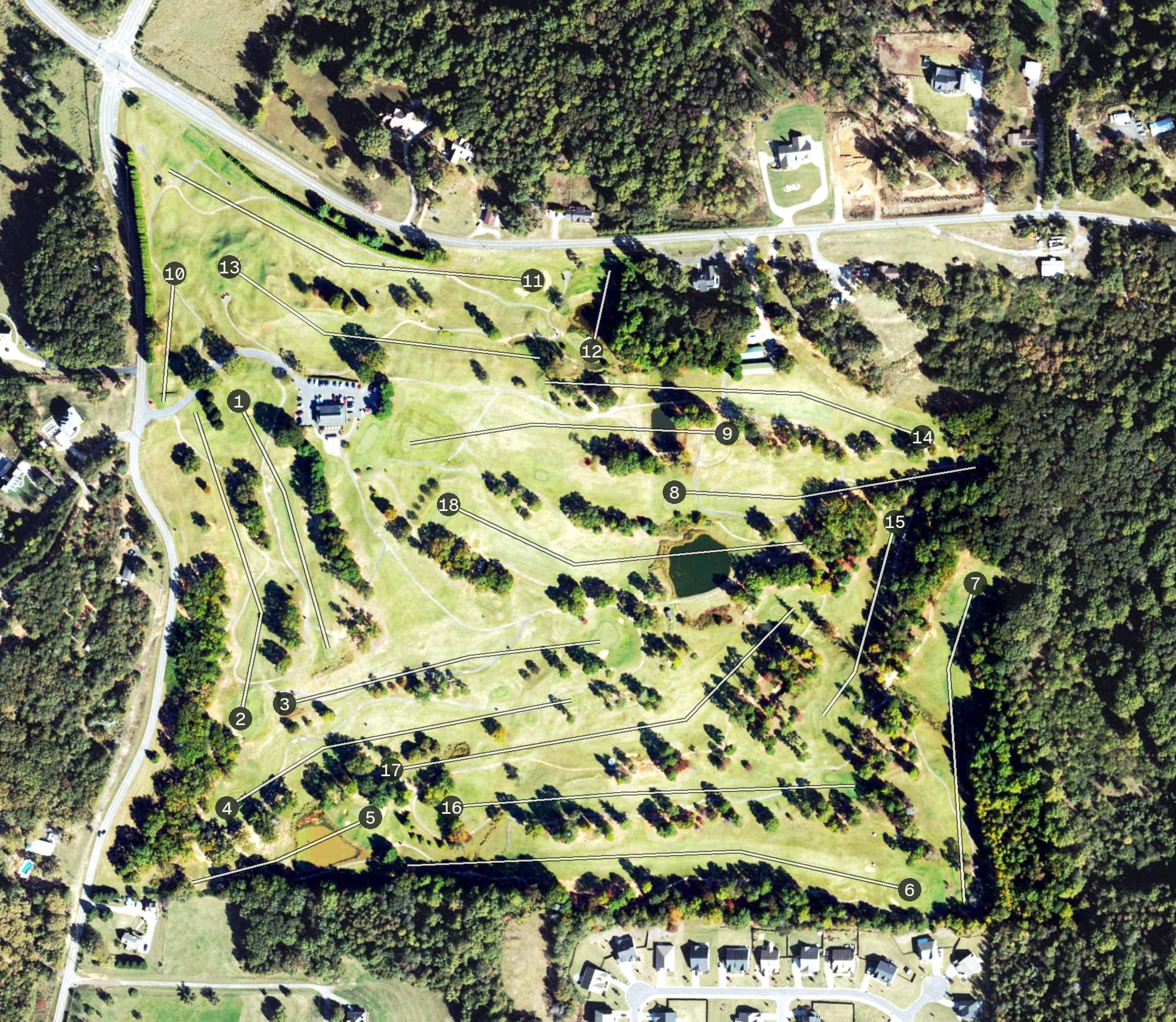 Aerial view of Country Land Golf Course, GA, with its hole routing marked