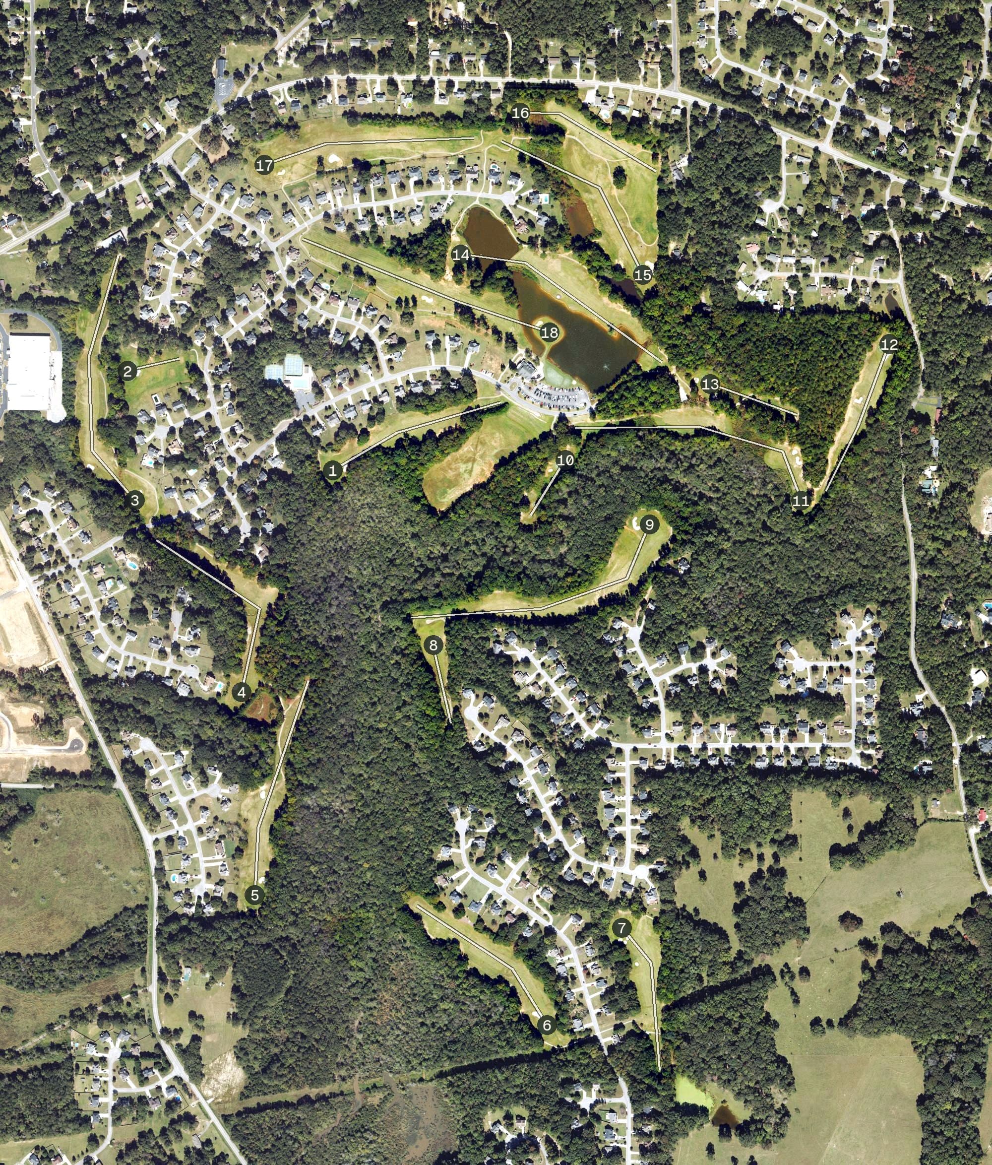 Aerial view of Creekside Golf & Country Club, GA, with its hole routing marked