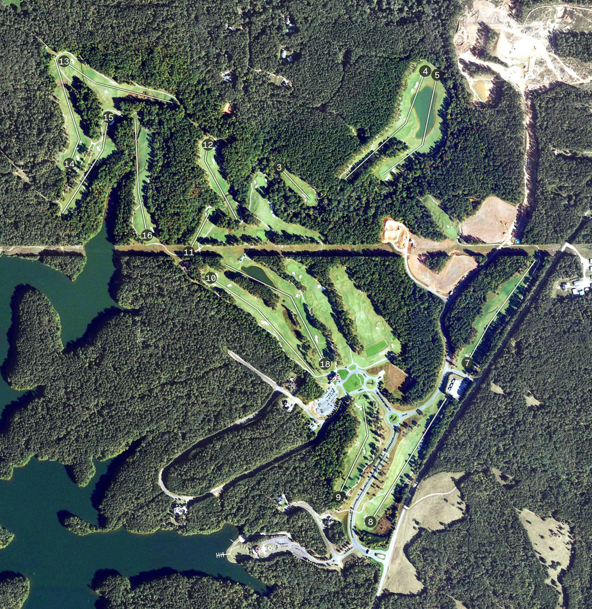 Aerial view of Crystal Falls Golf Club, GA, with its hole routing marked