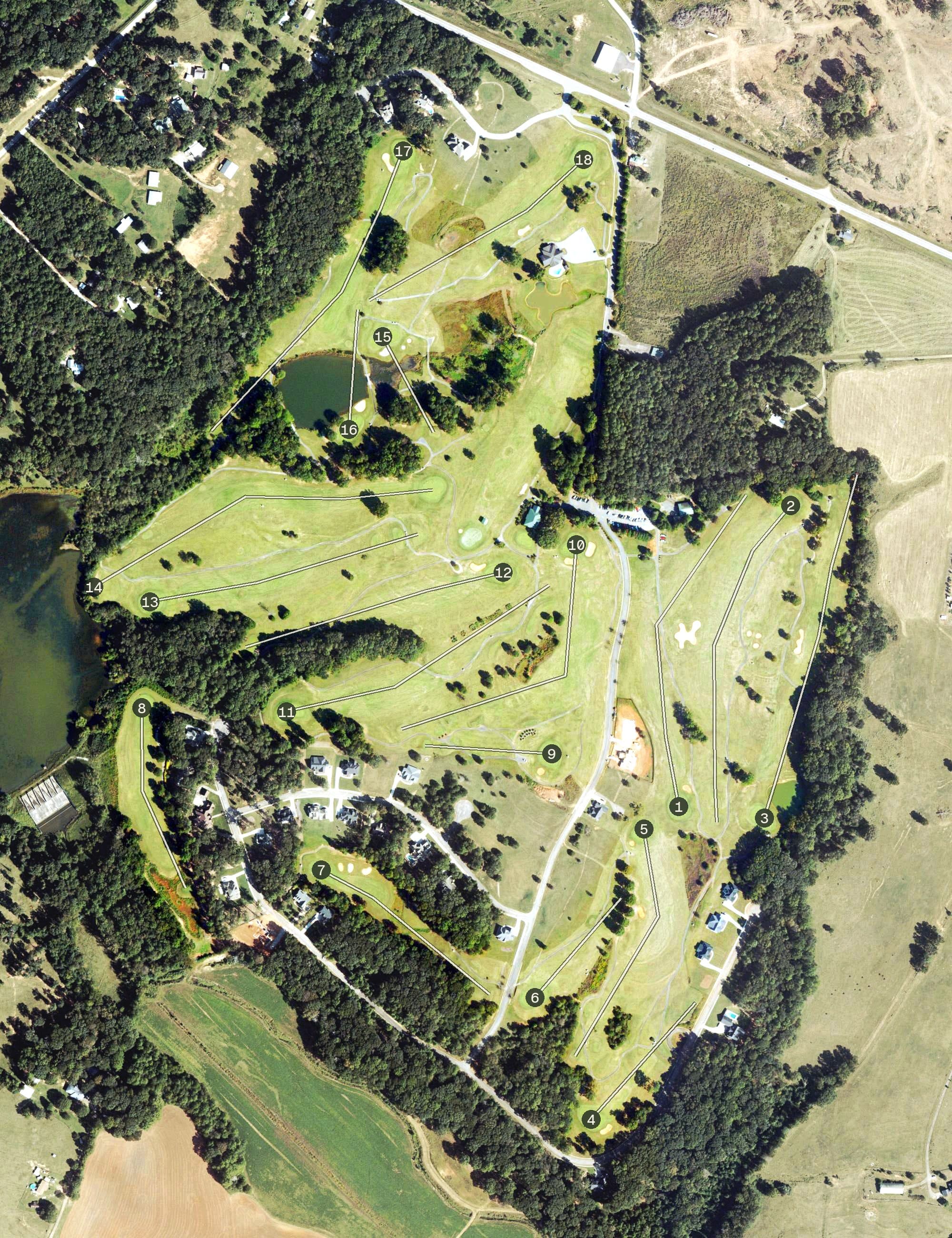 Aerial view of Double Oaks Golf Club, GA, with its hole routing marked