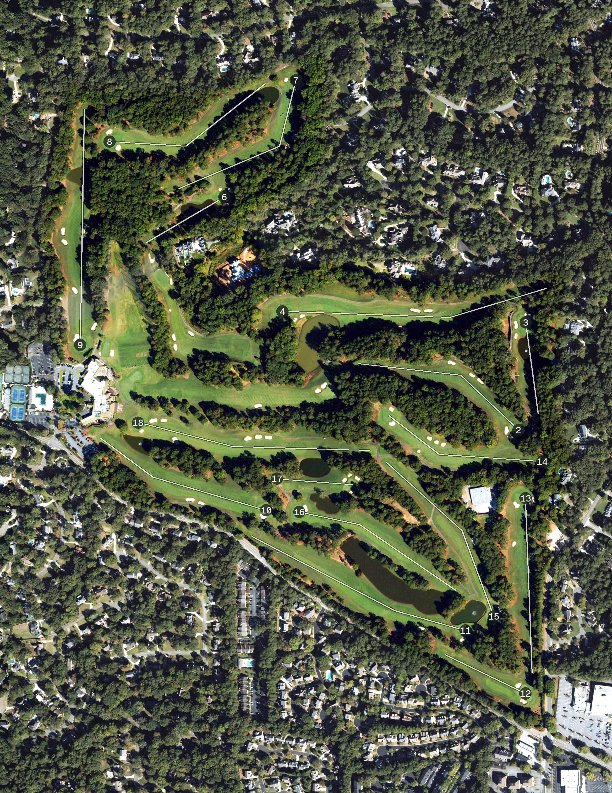 Aerial view of Dunwoody Country Club, GA, with its hole routing marked