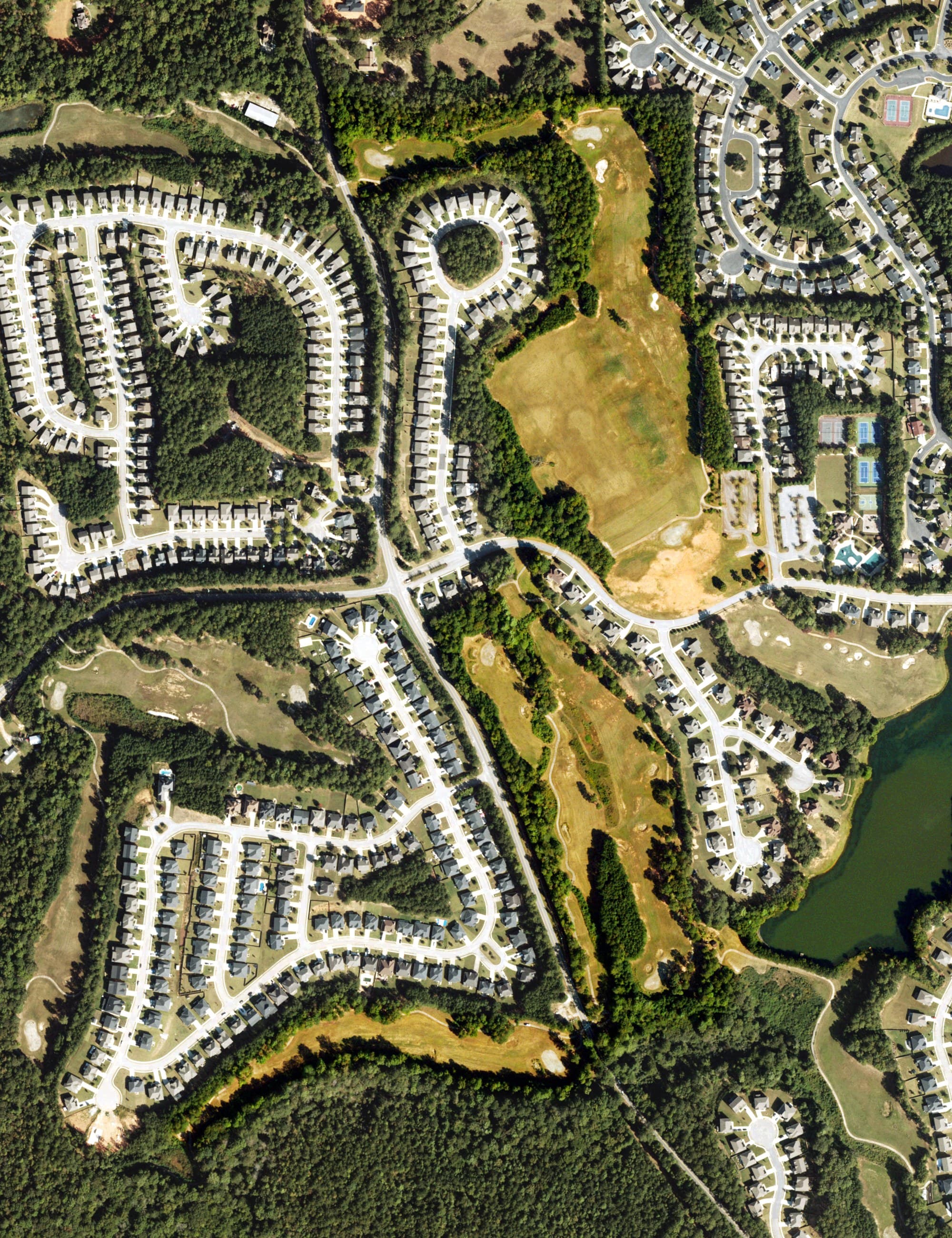 Aerial view of Durham Lakes Country Club, GA, with its hole routing marked