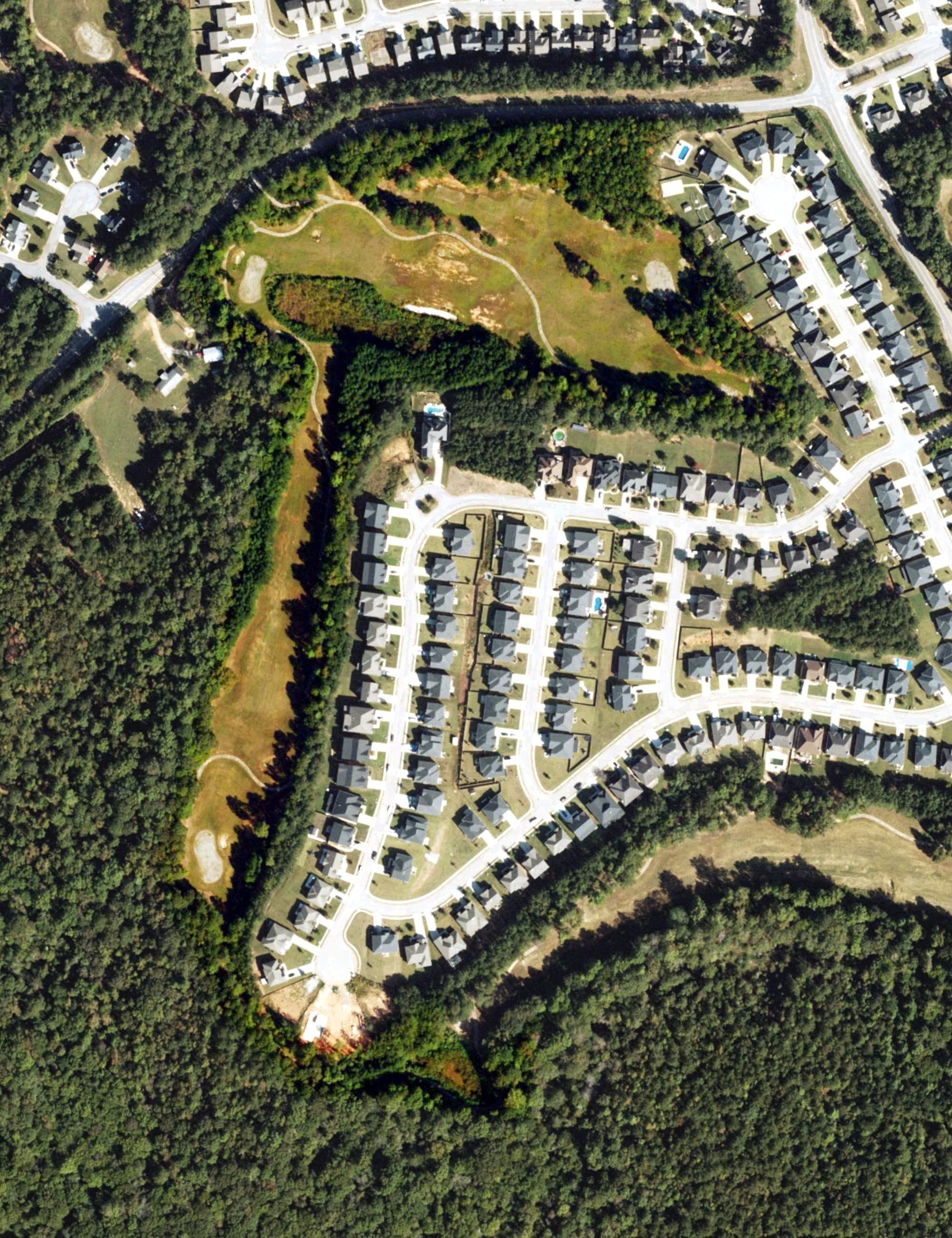 Aerial view of Durham Lakes Country Club, GA, with its hole routing marked