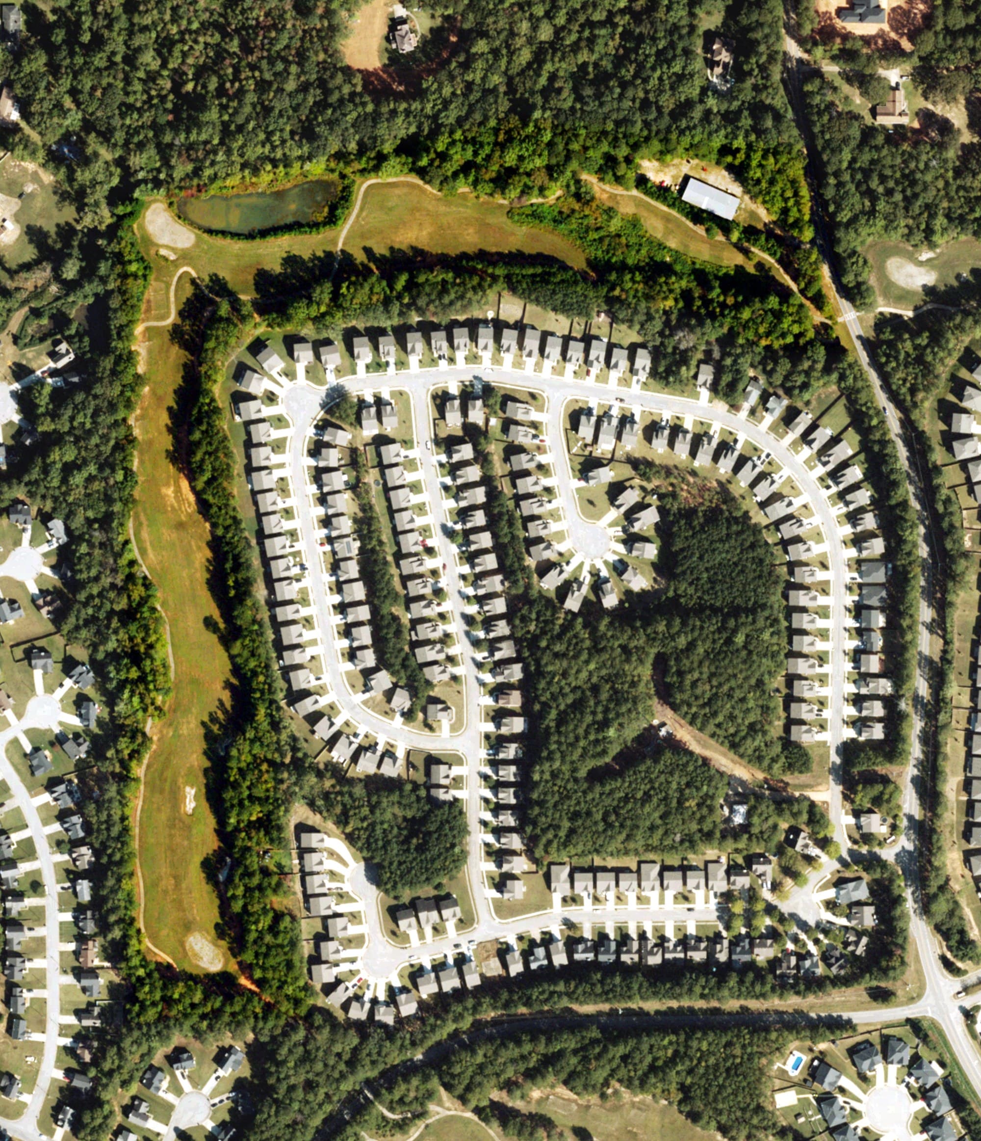 Aerial view of Durham Lakes Country Club, GA, with its hole routing marked