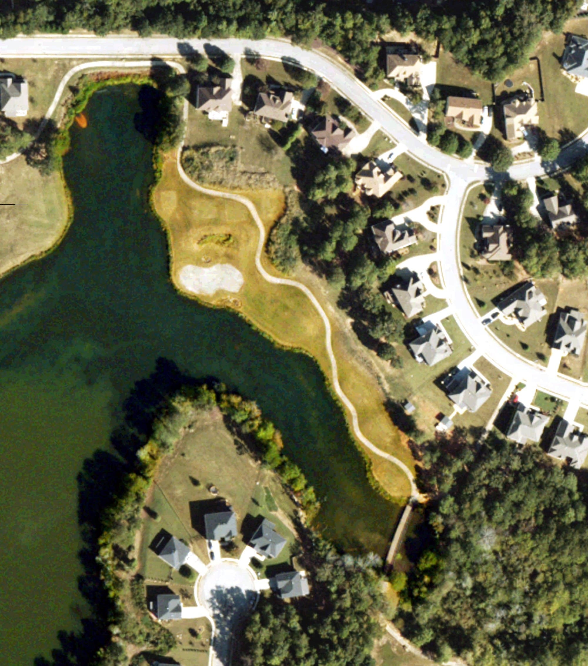 Aerial view of Durham Lakes Country Club, GA, with its hole routing marked