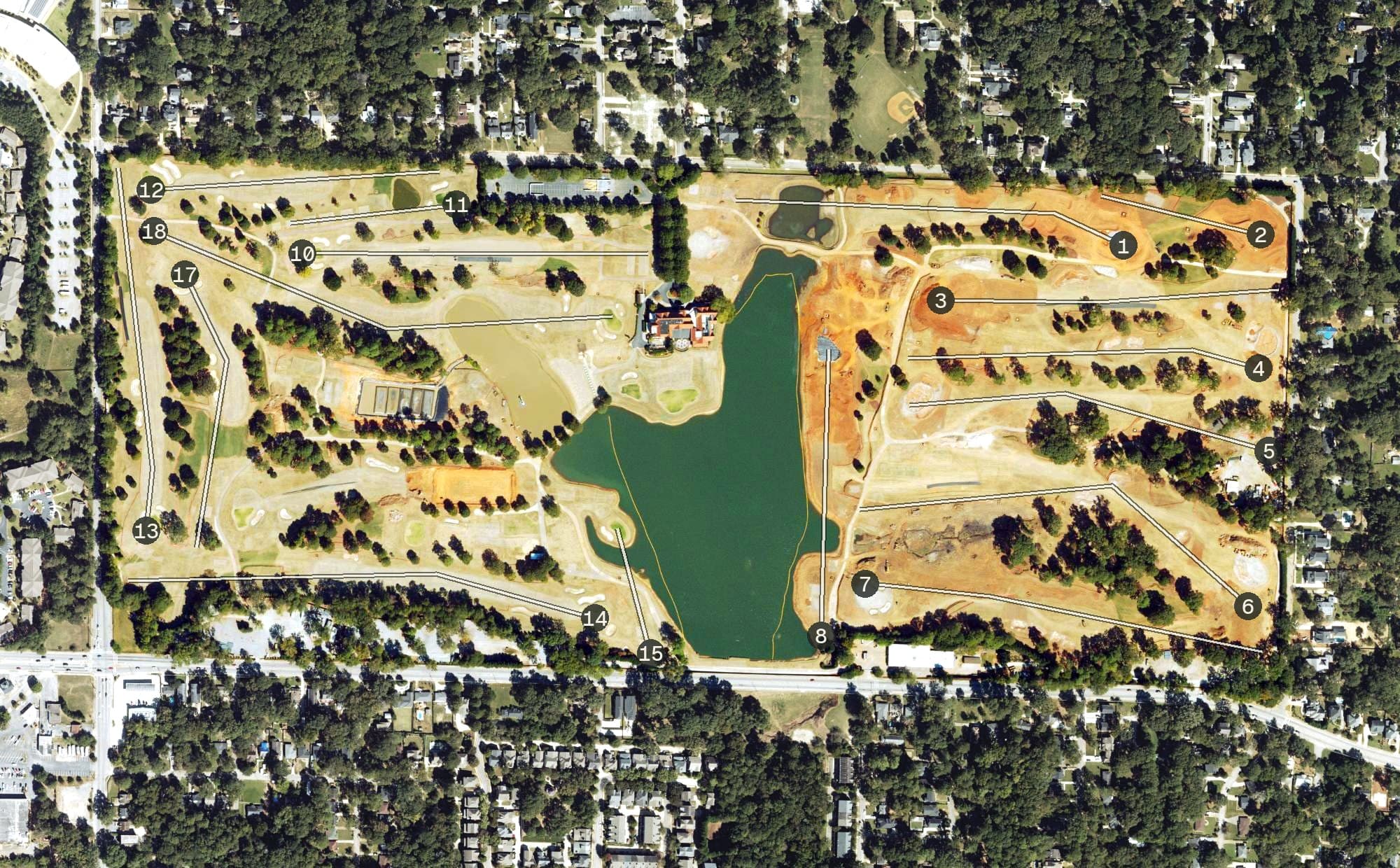 Aerial view of East Lake Golf Club, GA, with its hole routing marked