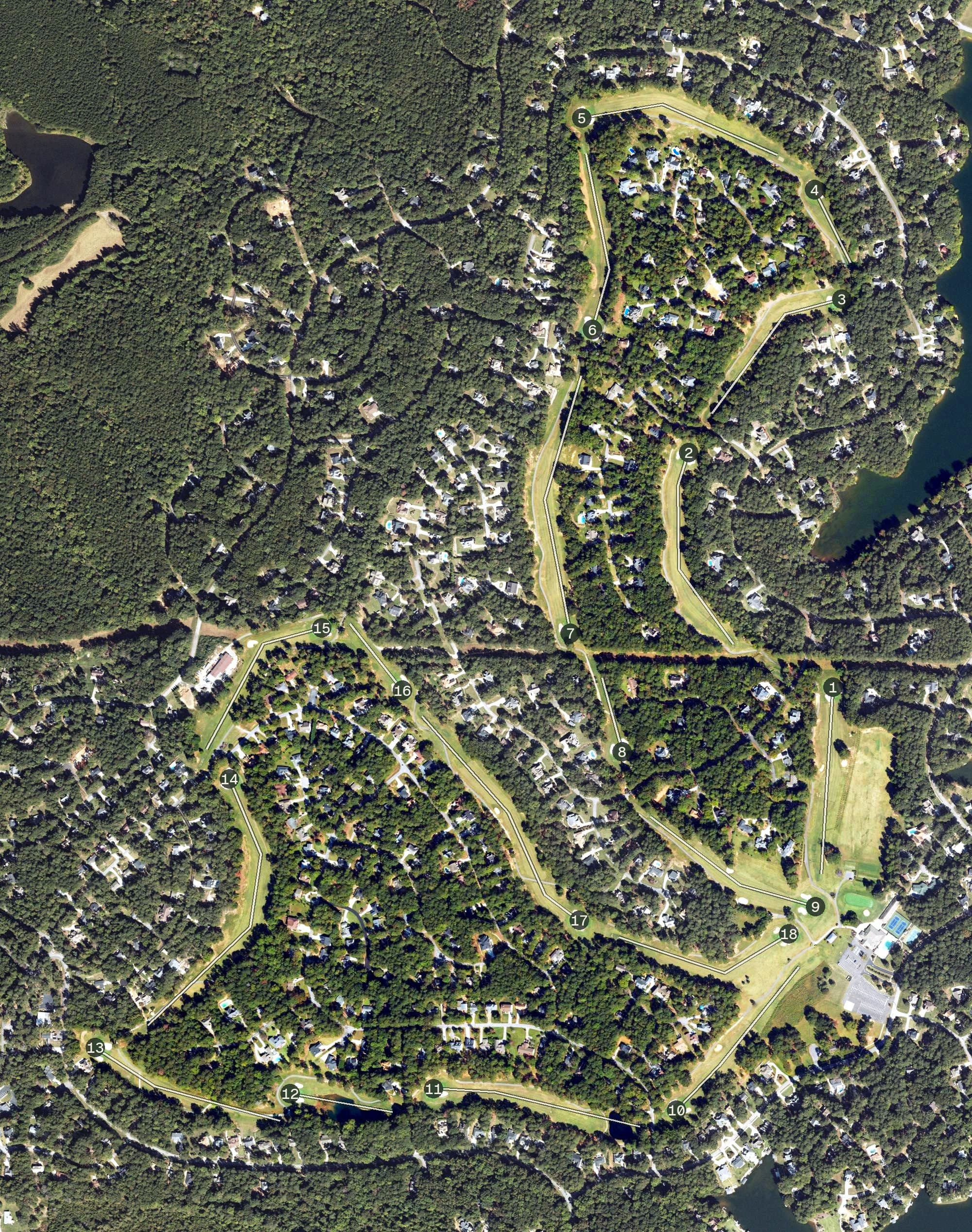 Aerial view of Fairfield Plantation, GA, with its hole routing marked