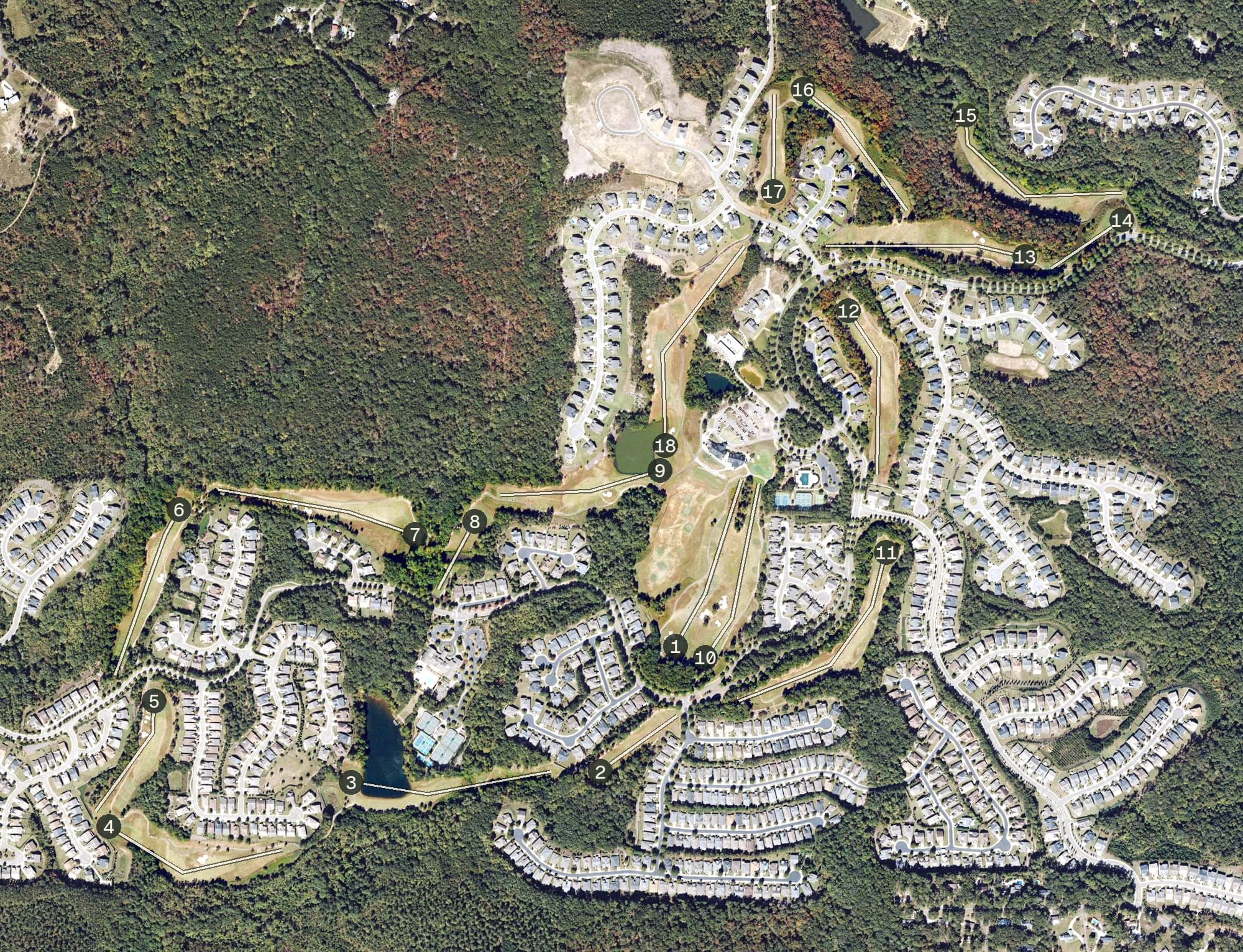 Aerial view of Fairways of Canton, GA, with its hole routing marked