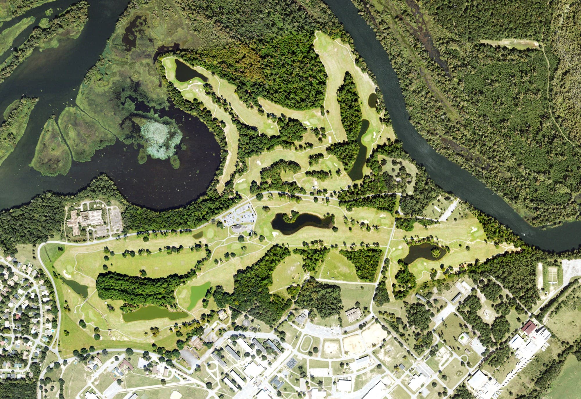 Aerial view of Flint River Golf Course, GA, with its hole routing marked