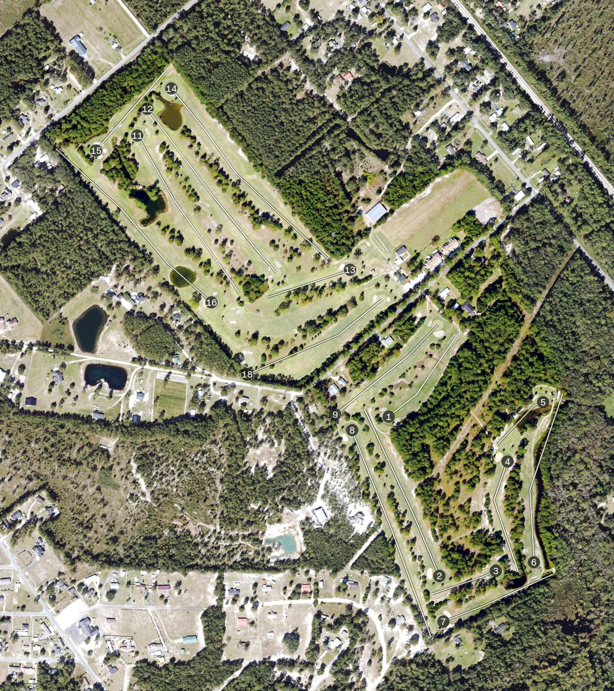 Aerial view of Folkston Golf Club, GA, with its hole routing marked