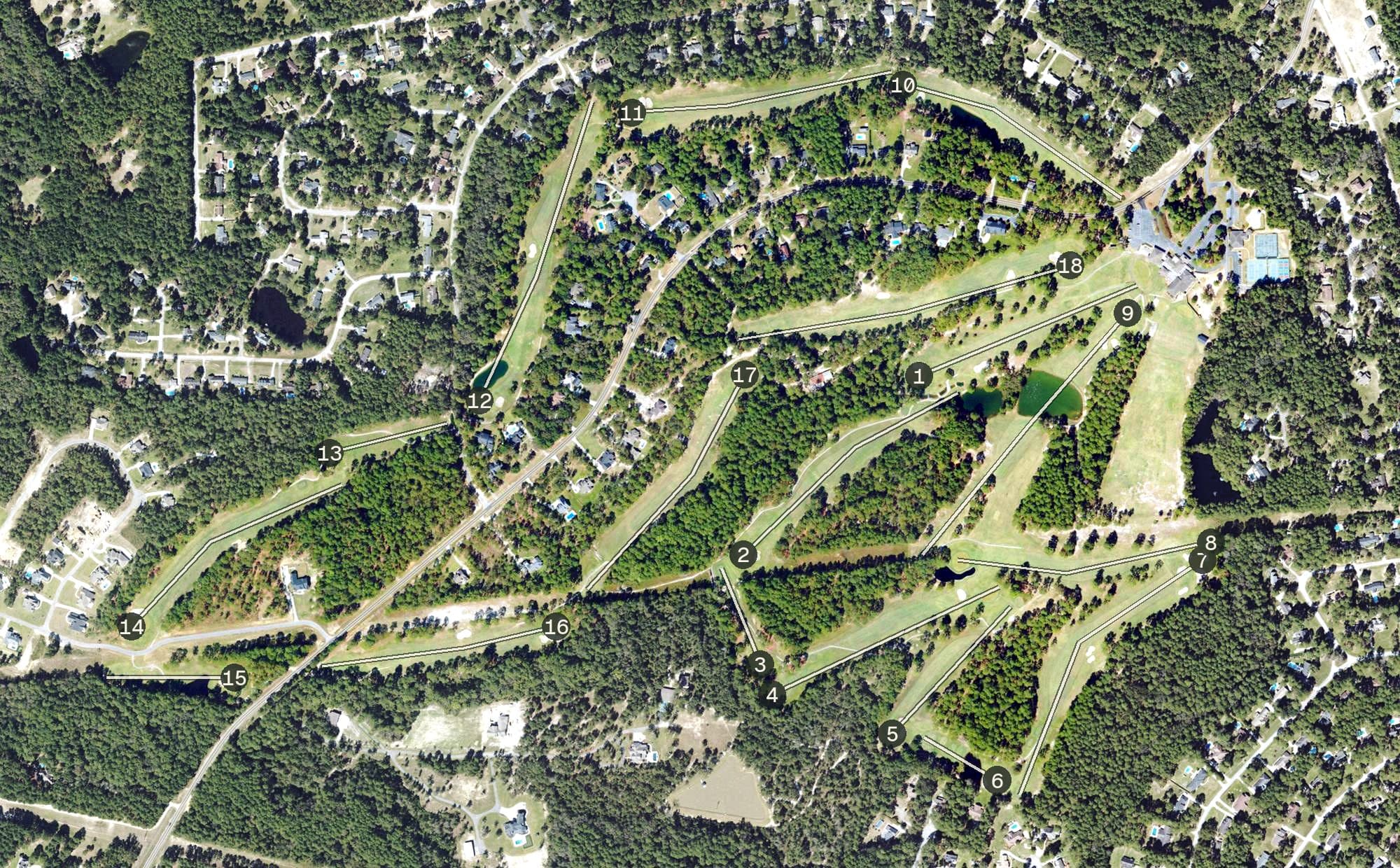 Aerial view of Forest Heights Country Club, GA, with its hole routing marked