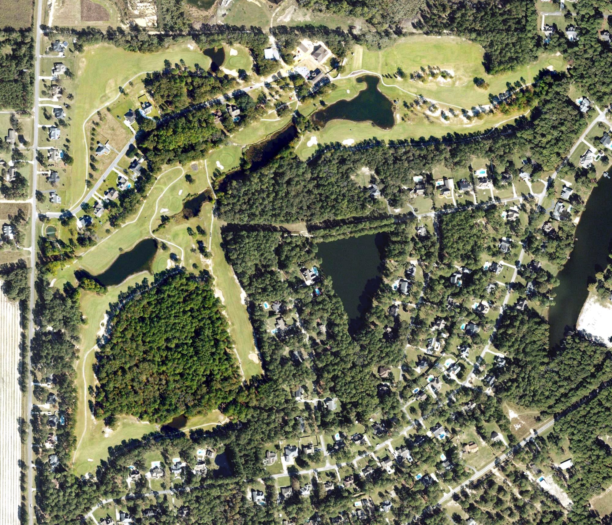 Aerial view of Forest Lakes Golf Club, GA, with its hole routing marked