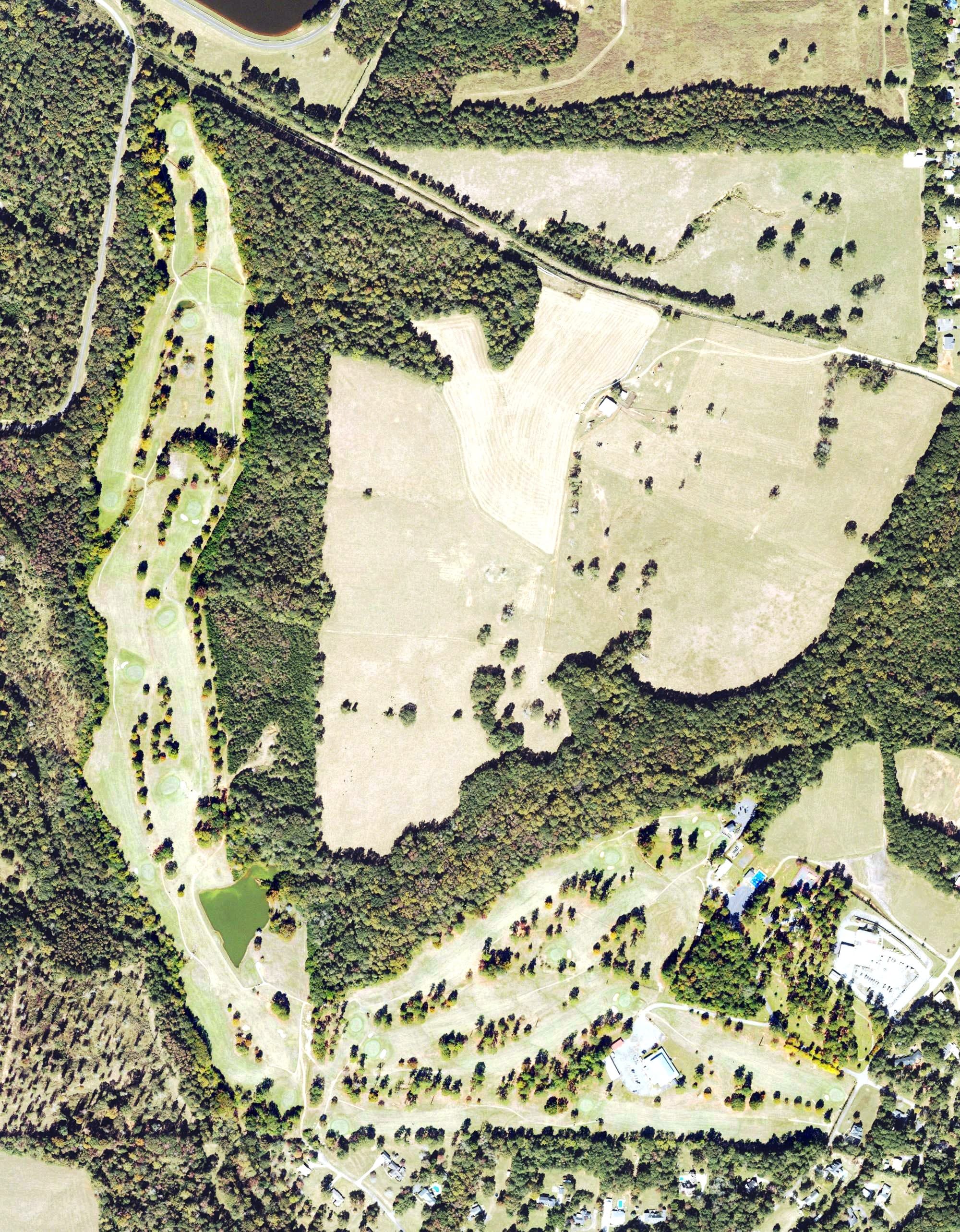 Aerial view of Forsyth Golf Course, GA, with its hole routing marked