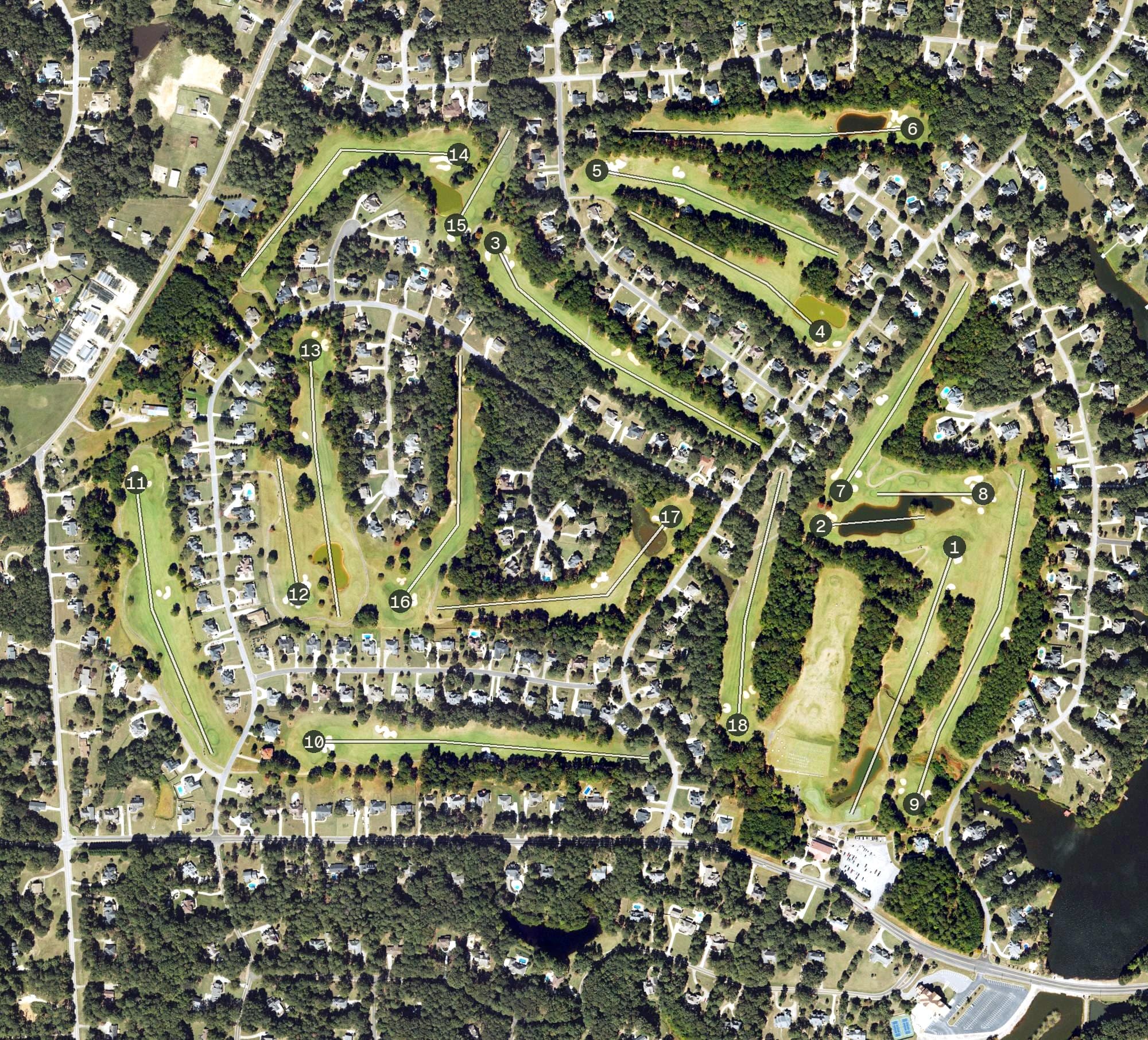 Aerial view of Georgia National Country Club, GA, with its hole routing marked