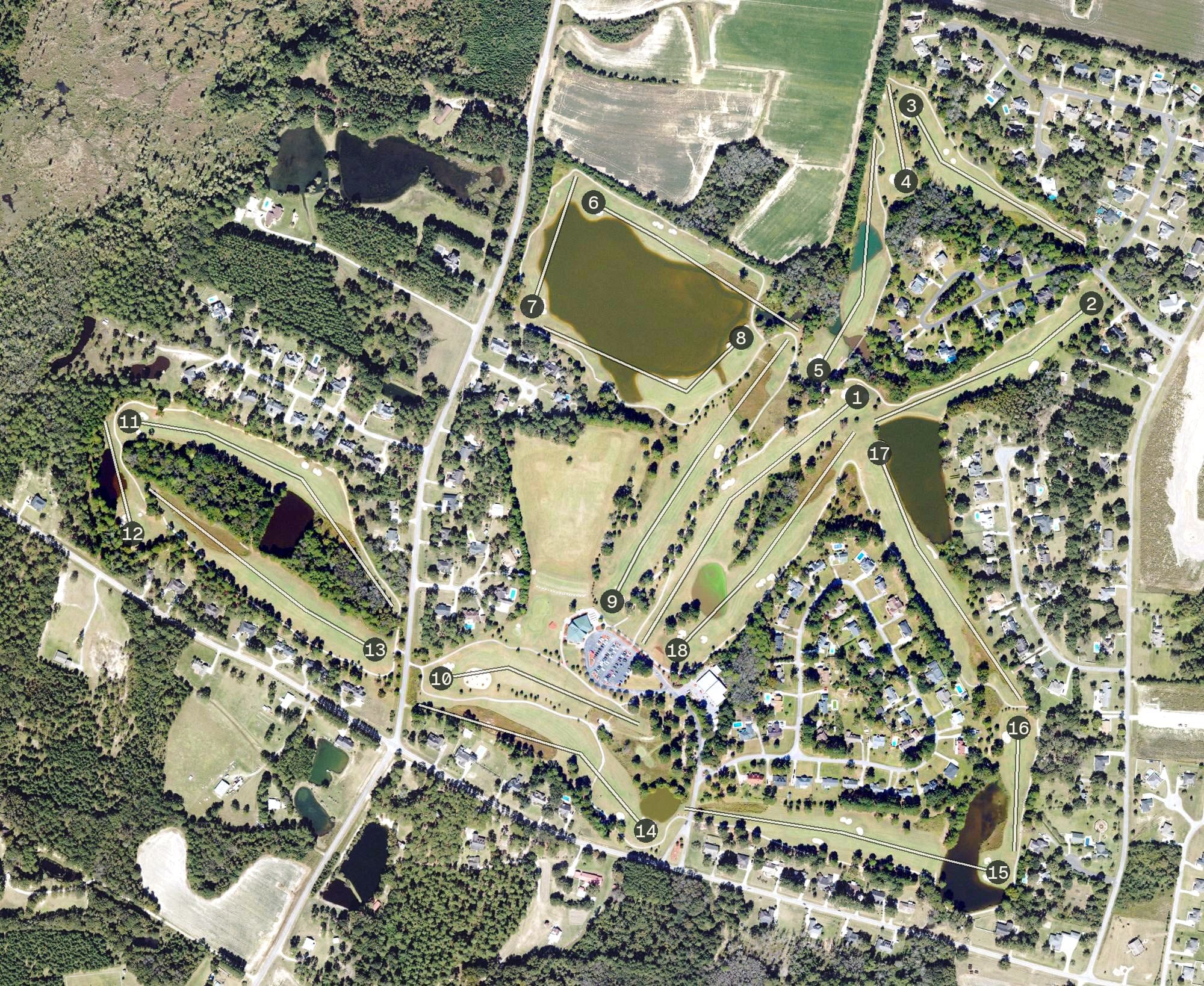 Aerial view of Georgia Southern University Golf Course, GA, with its hole routing marked