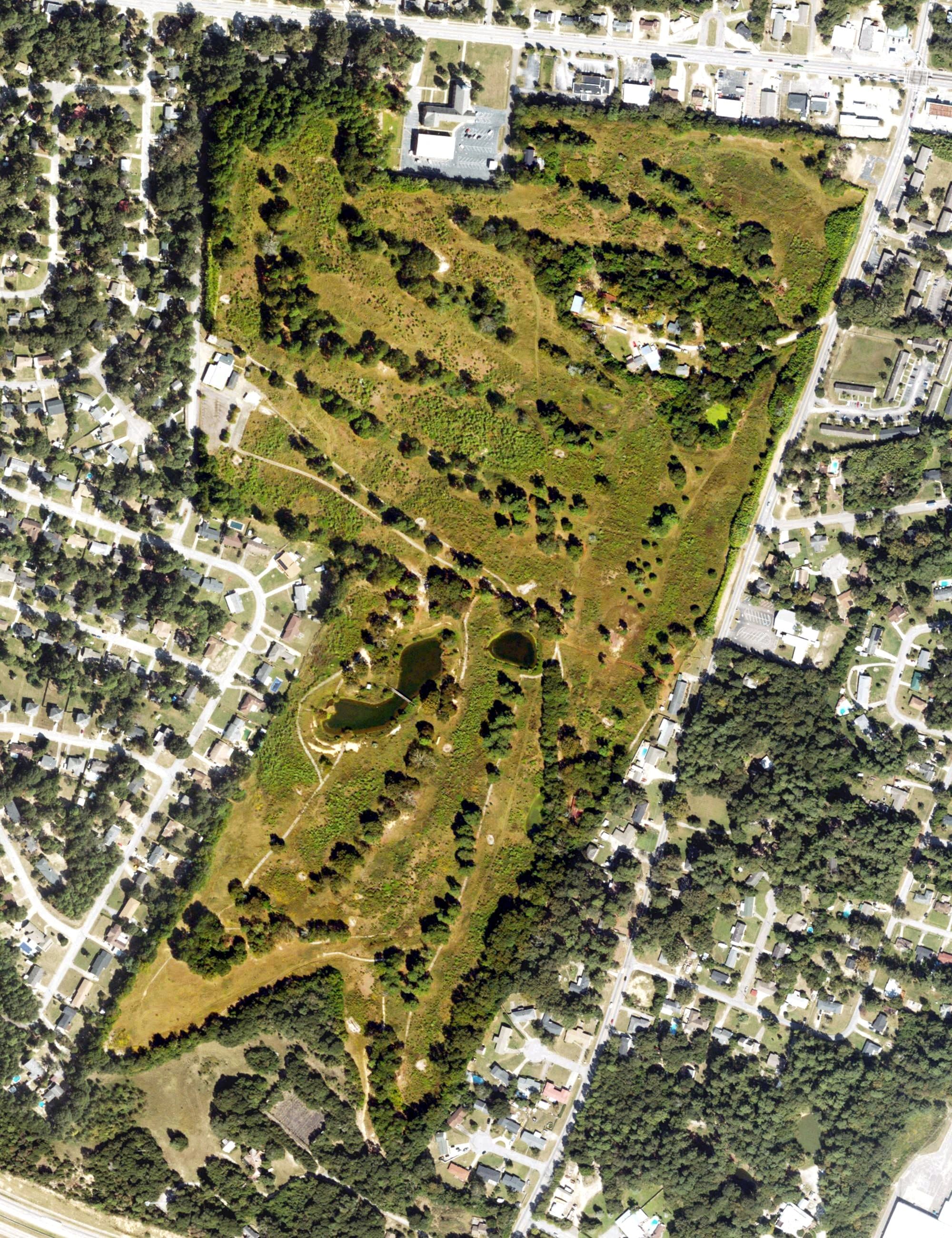 Aerial view of Green Meadows Golf Course, GA, with its hole routing marked
