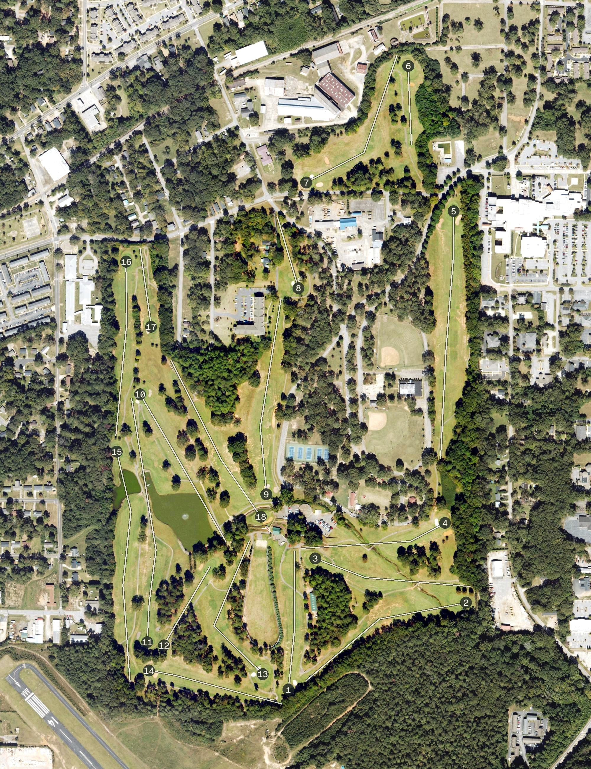 Aerial view of Griffin Golf Course, GA, with its hole routing marked