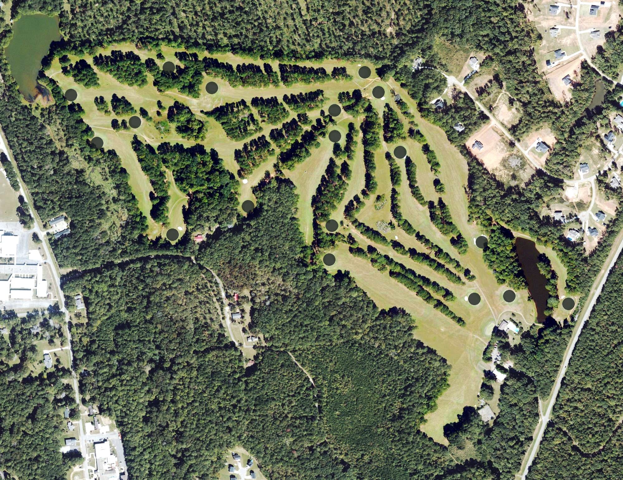 Aerial view of Hunter Pope Country Club, GA, with its hole routing marked